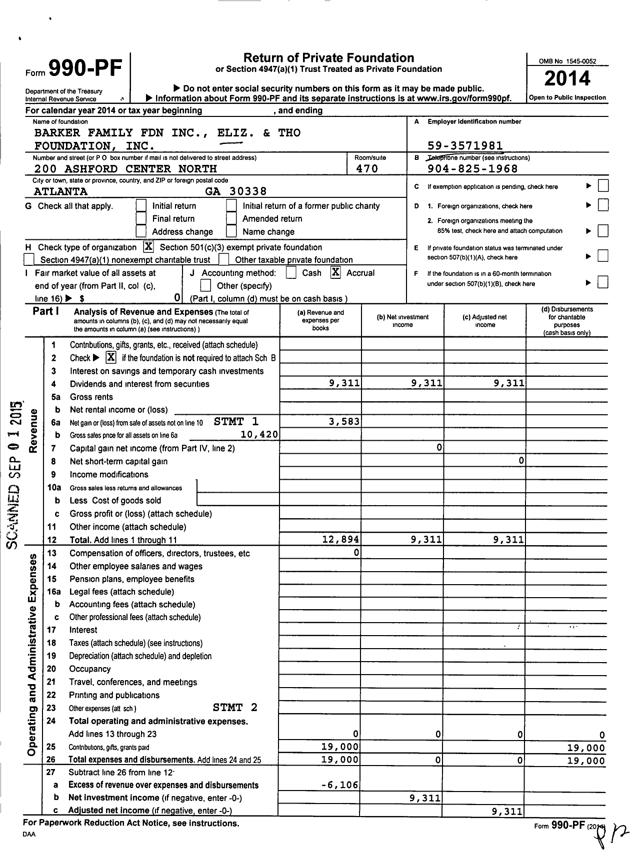 Image of first page of 2014 Form 990PF for Barker Family Foundation Eliz and Tho Foundation