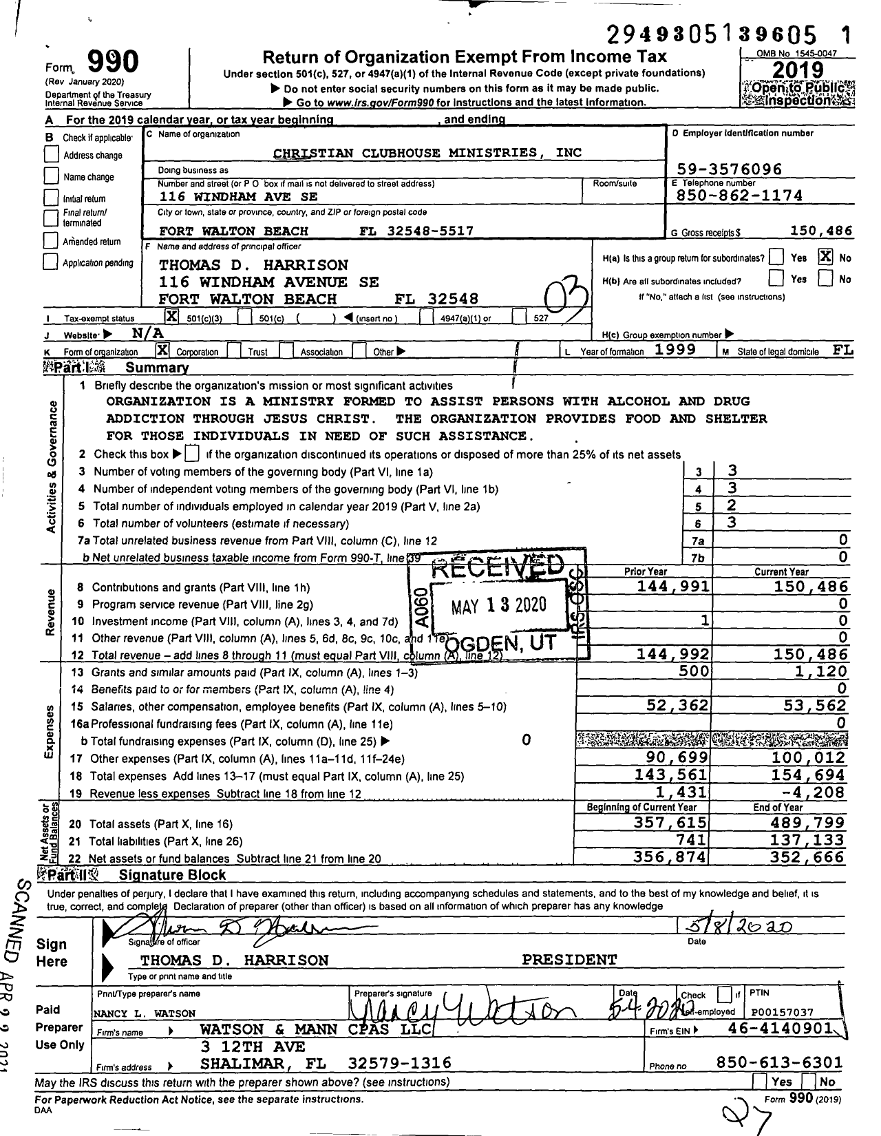 Image of first page of 2019 Form 990 for Christian Clubhouse Ministries