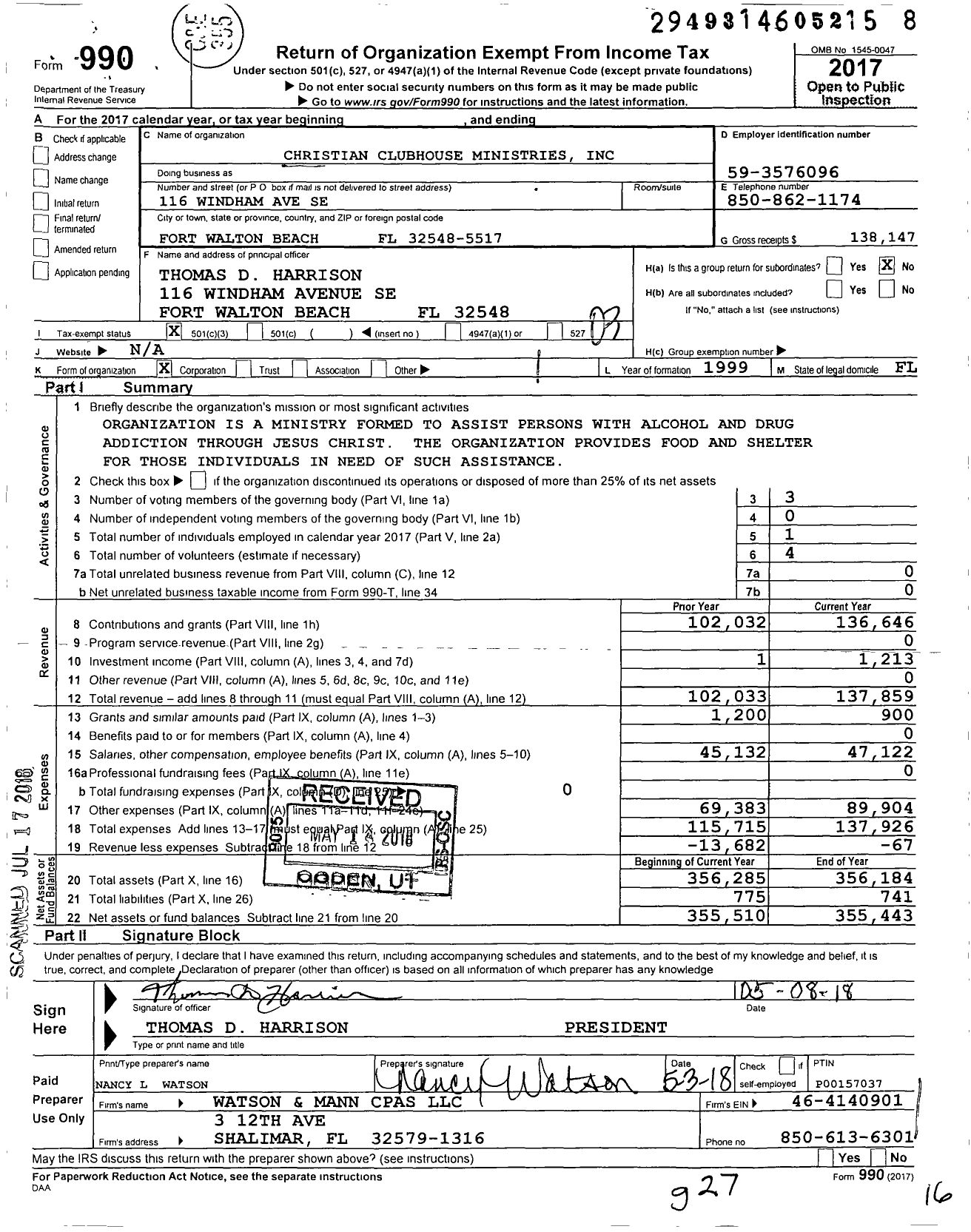 Image of first page of 2017 Form 990 for Christian Clubhouse Ministries