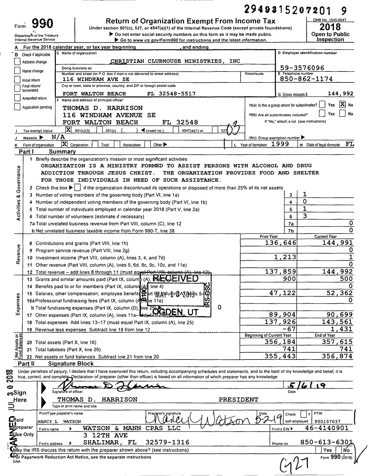 Image of first page of 2018 Form 990 for Christian Clubhouse Ministries