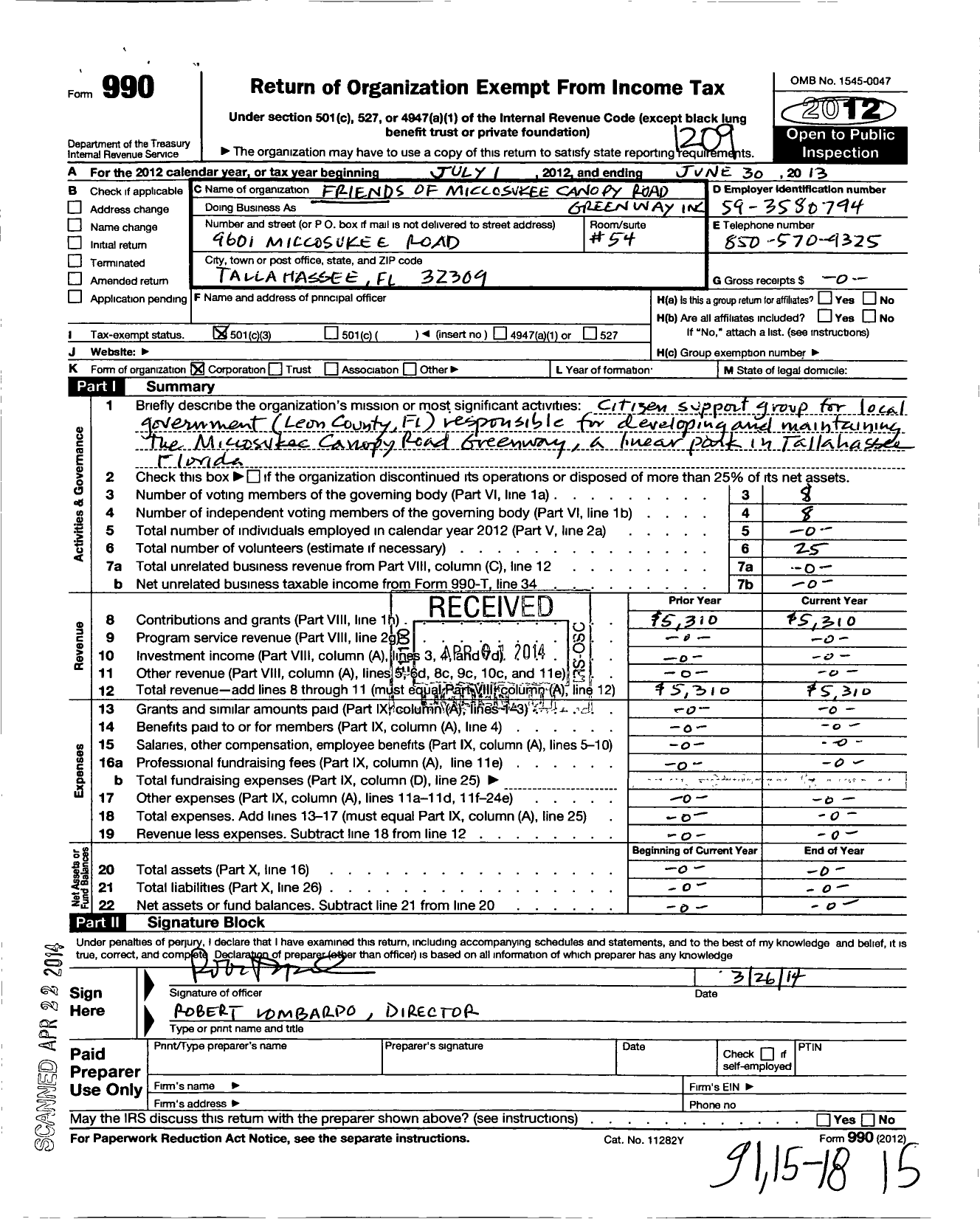 Image of first page of 2012 Form 990 for Friends of the Miccosukee Canopy Road Greenway