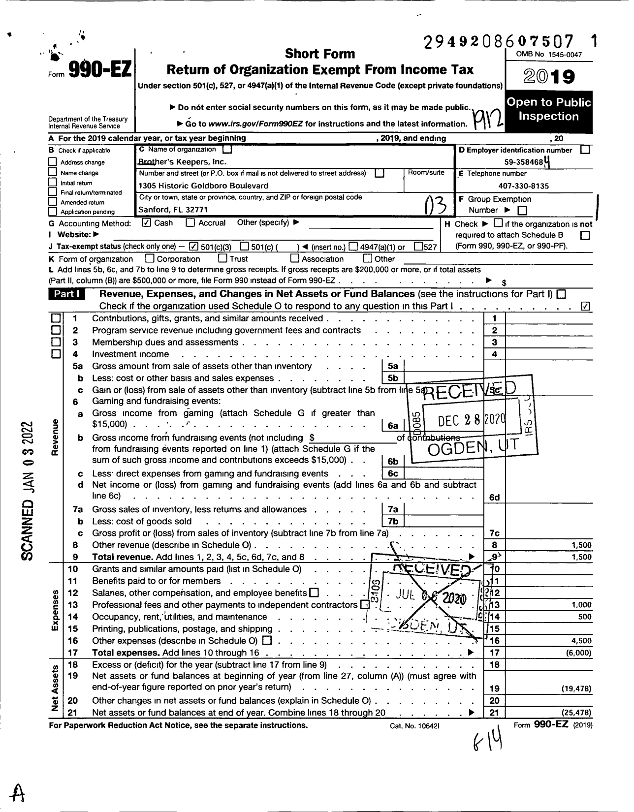 Image of first page of 2019 Form 990EZ for Brothers Keepers