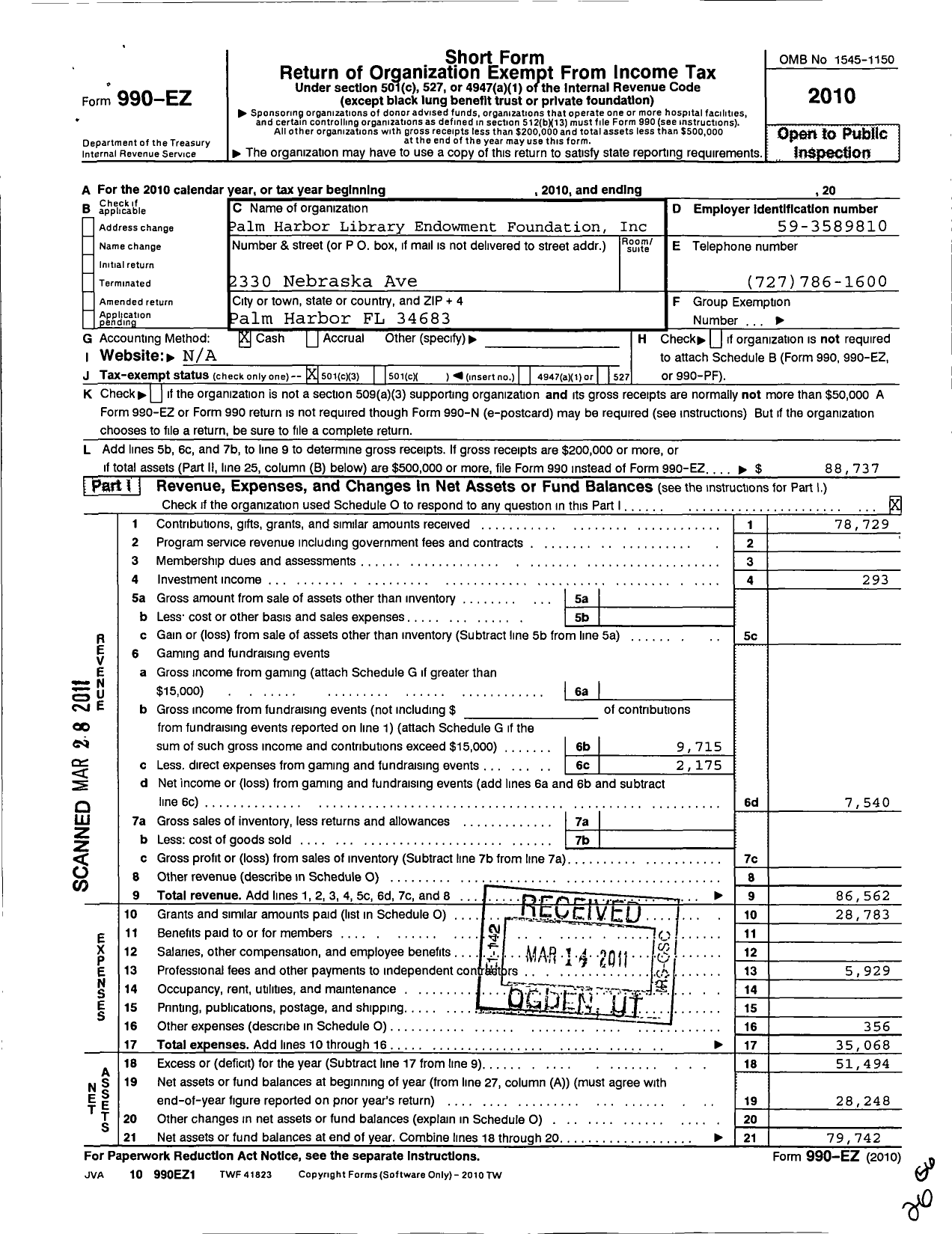 Image of first page of 2010 Form 990EZ for Palm Harbor Library Endowment Foundation