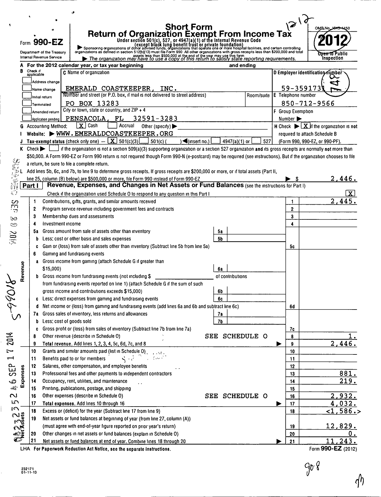 Image of first page of 2012 Form 990EZ for Emerald Coastkeeper