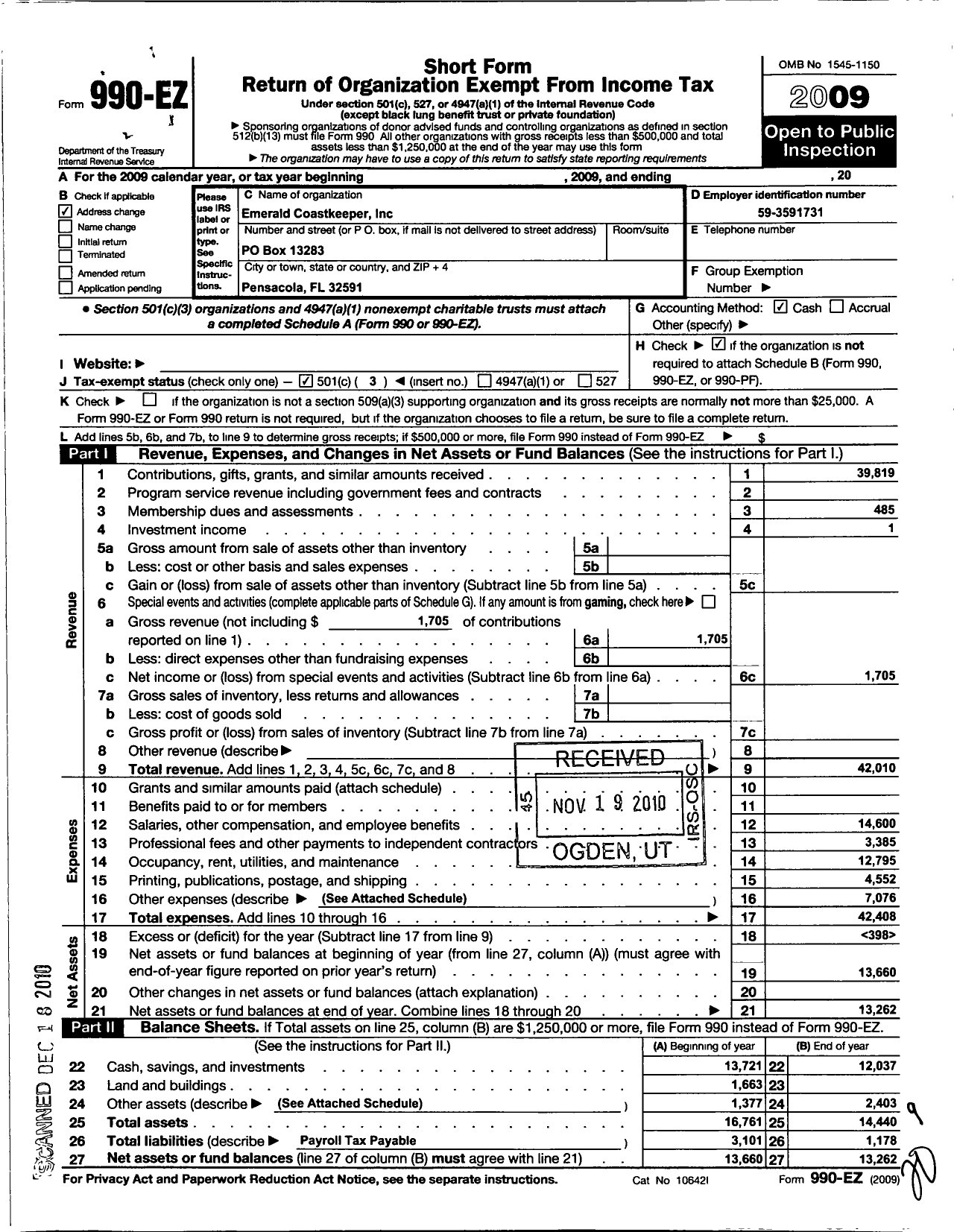 Image of first page of 2009 Form 990EZ for Emerald Coastkeeper