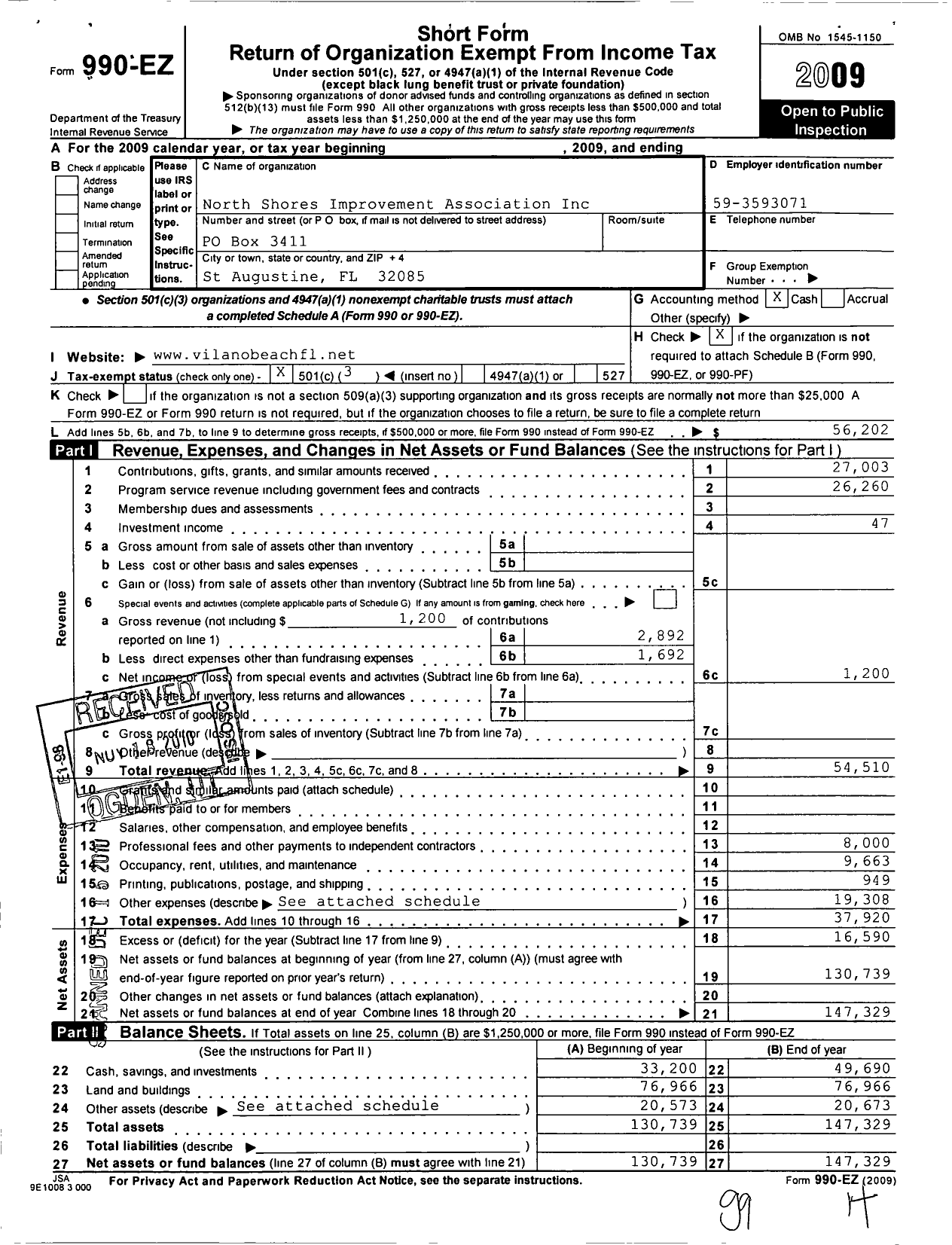 Image of first page of 2009 Form 990EZ for North Shores Improvement Association