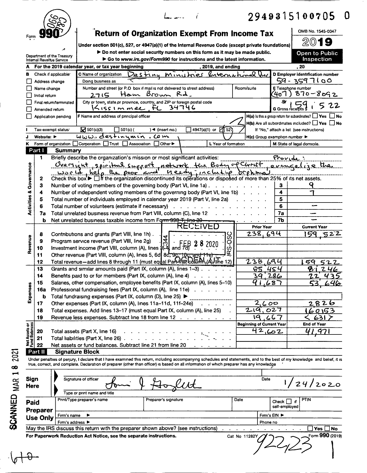 Image of first page of 2019 Form 990 for Destiny Ministries International