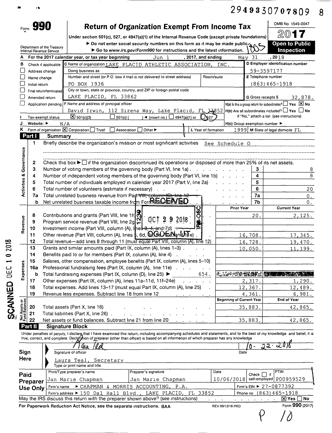 Image of first page of 2017 Form 990 for Lake Placid Athletic Association