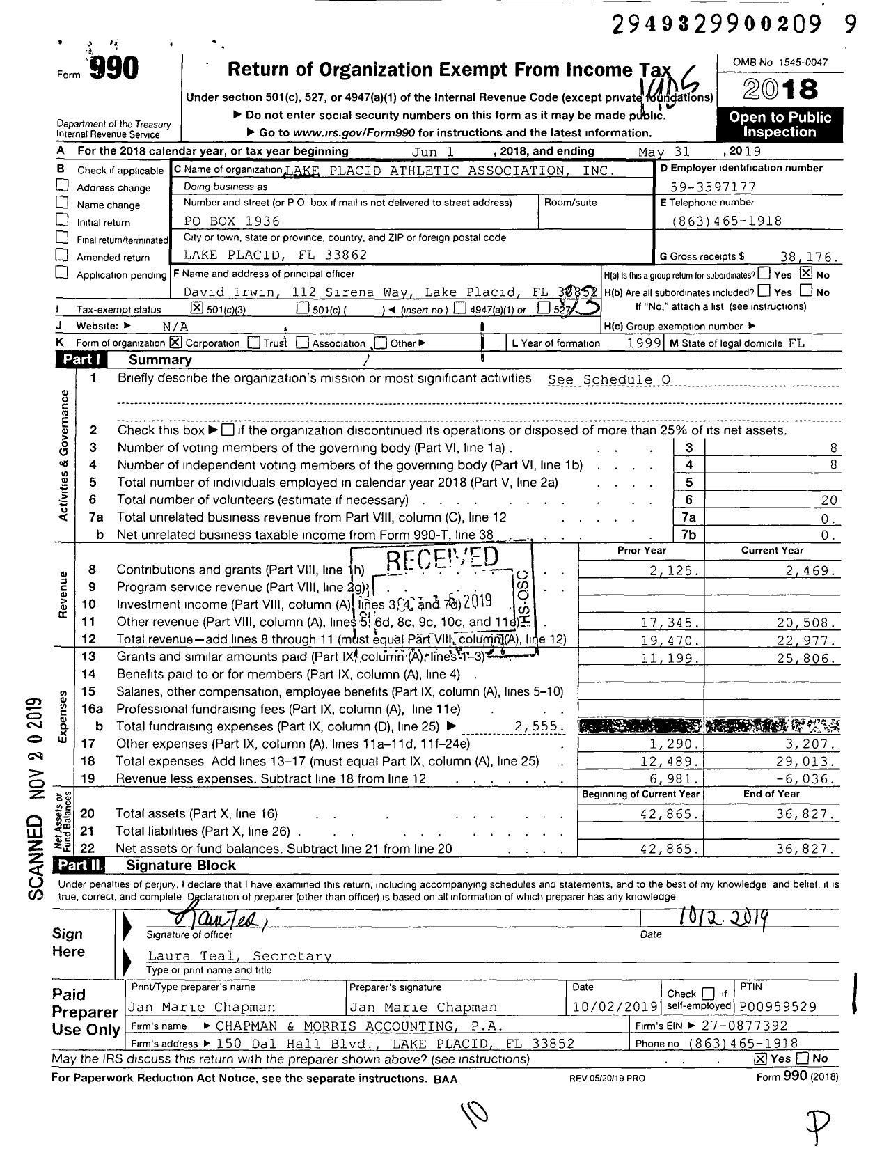Image of first page of 2018 Form 990 for Lake Placid Athletic Association