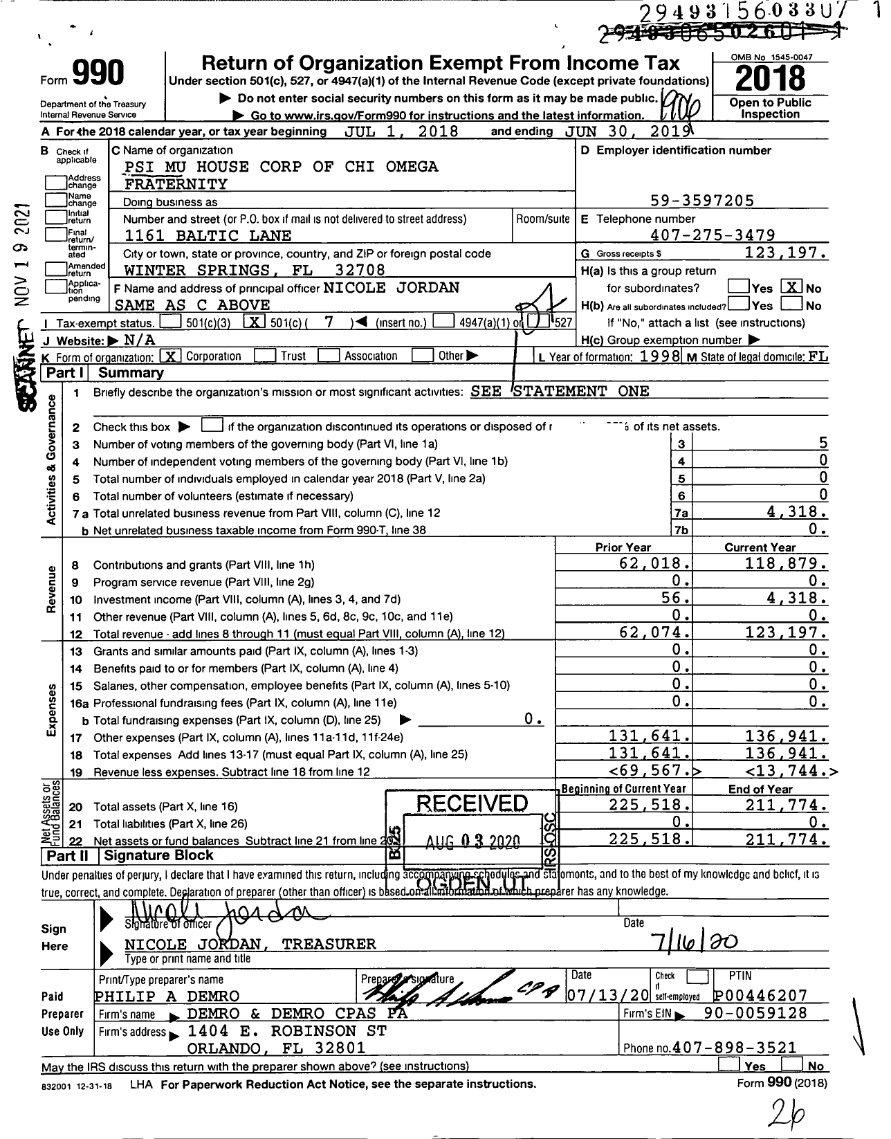 Image of first page of 2018 Form 990O for Psi Mu House Corp of Chi Omega Fraternity