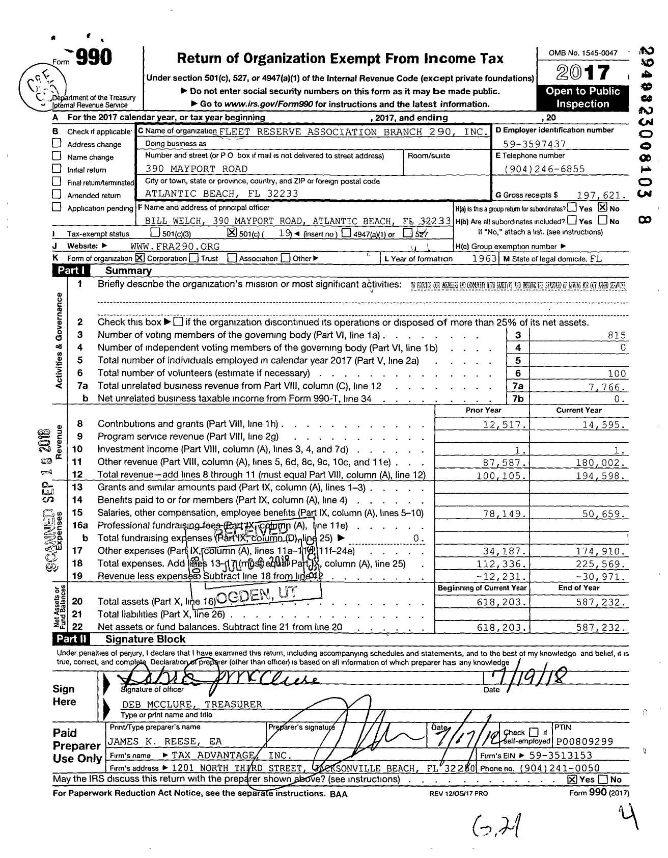 Image of first page of 2017 Form 990O for Fleet Reserve Association Branch 290