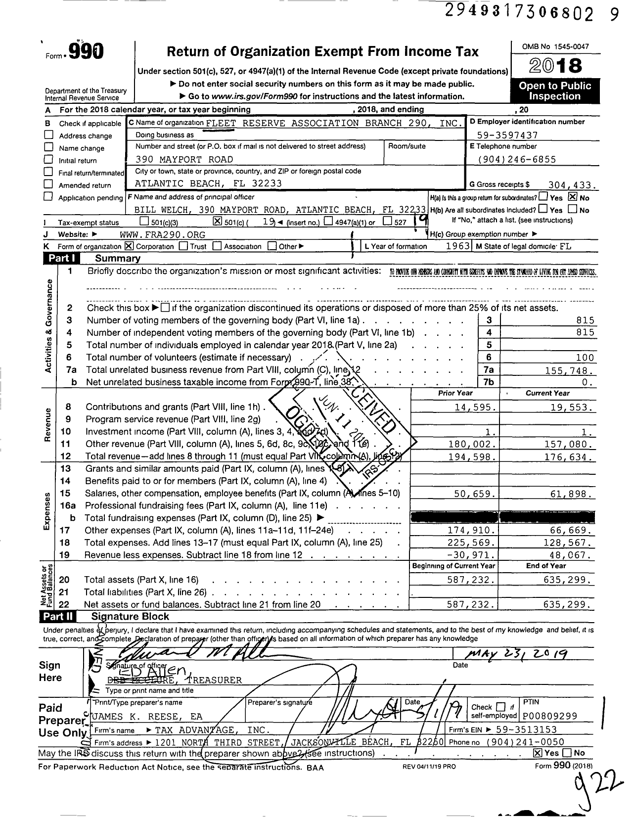 Image of first page of 2018 Form 990O for Fleet Reserve Association Branch 290