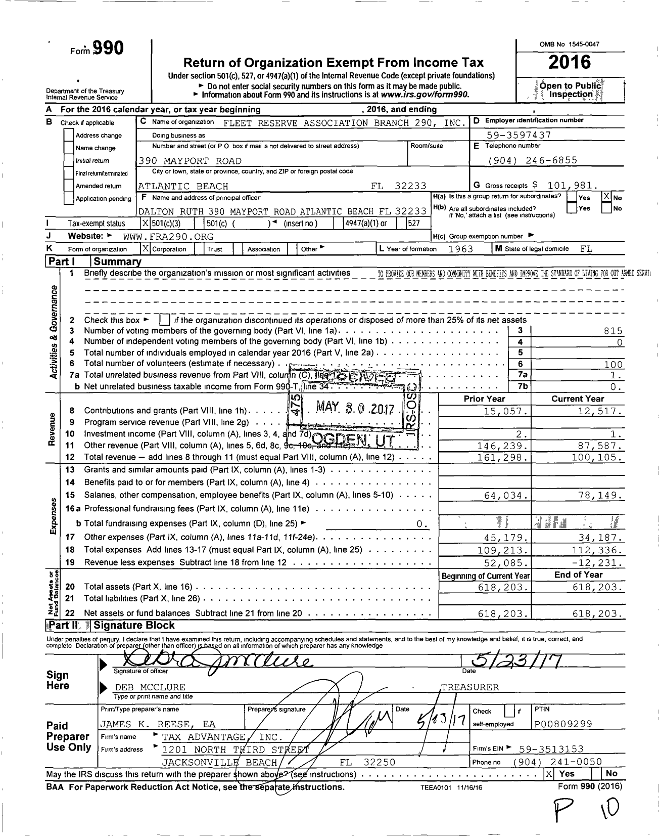 Image of first page of 2016 Form 990 for Fleet Reserve Association Branch 290