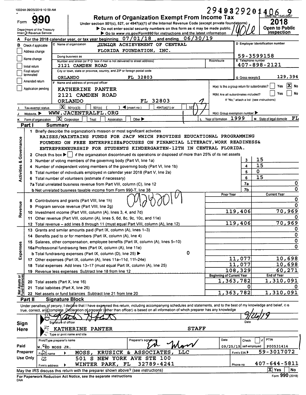 Image of first page of 2018 Form 990 for Junior Achievement of Central Florida Foundation