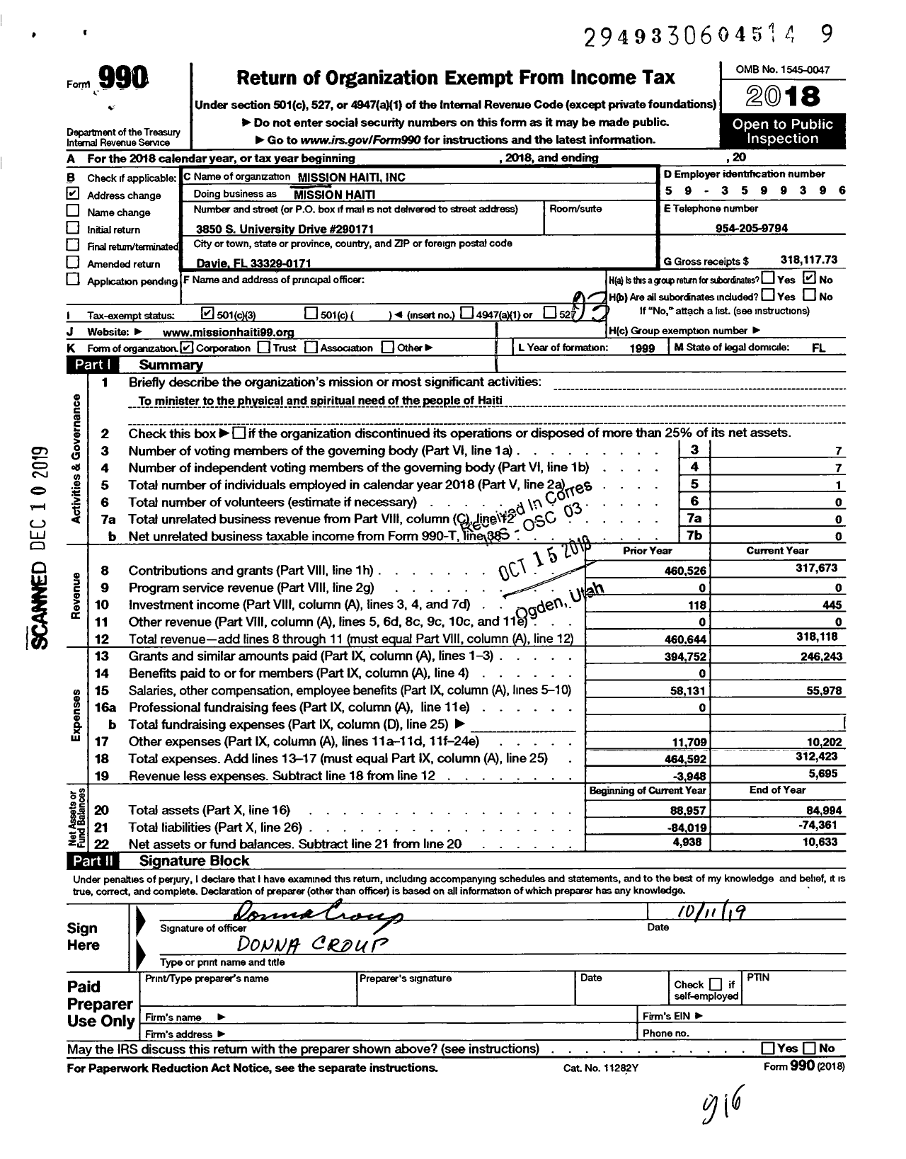 Image of first page of 2018 Form 990 for Mission Haiti