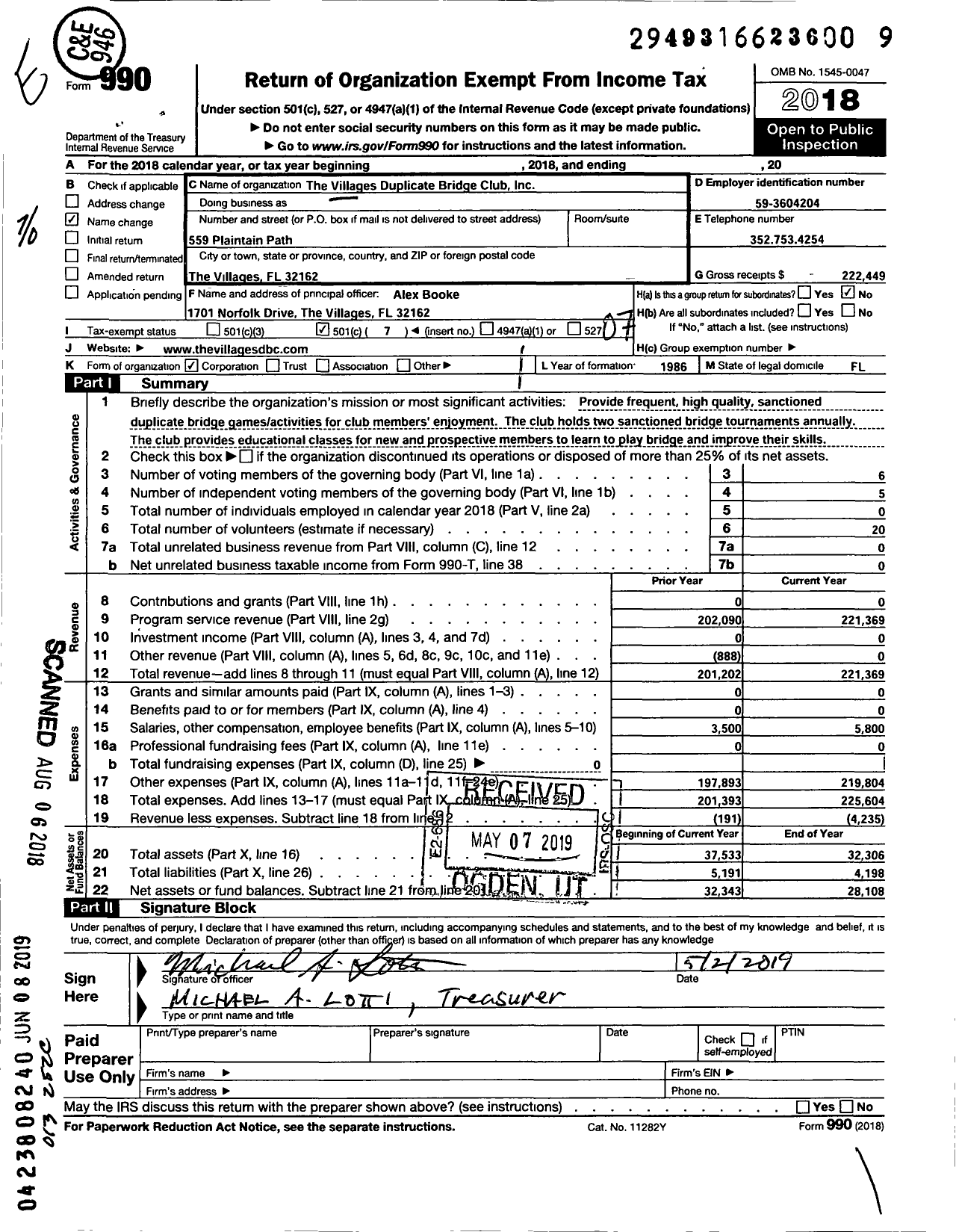 Image of first page of 2018 Form 990O for The Villages Duplicate Bridge Club