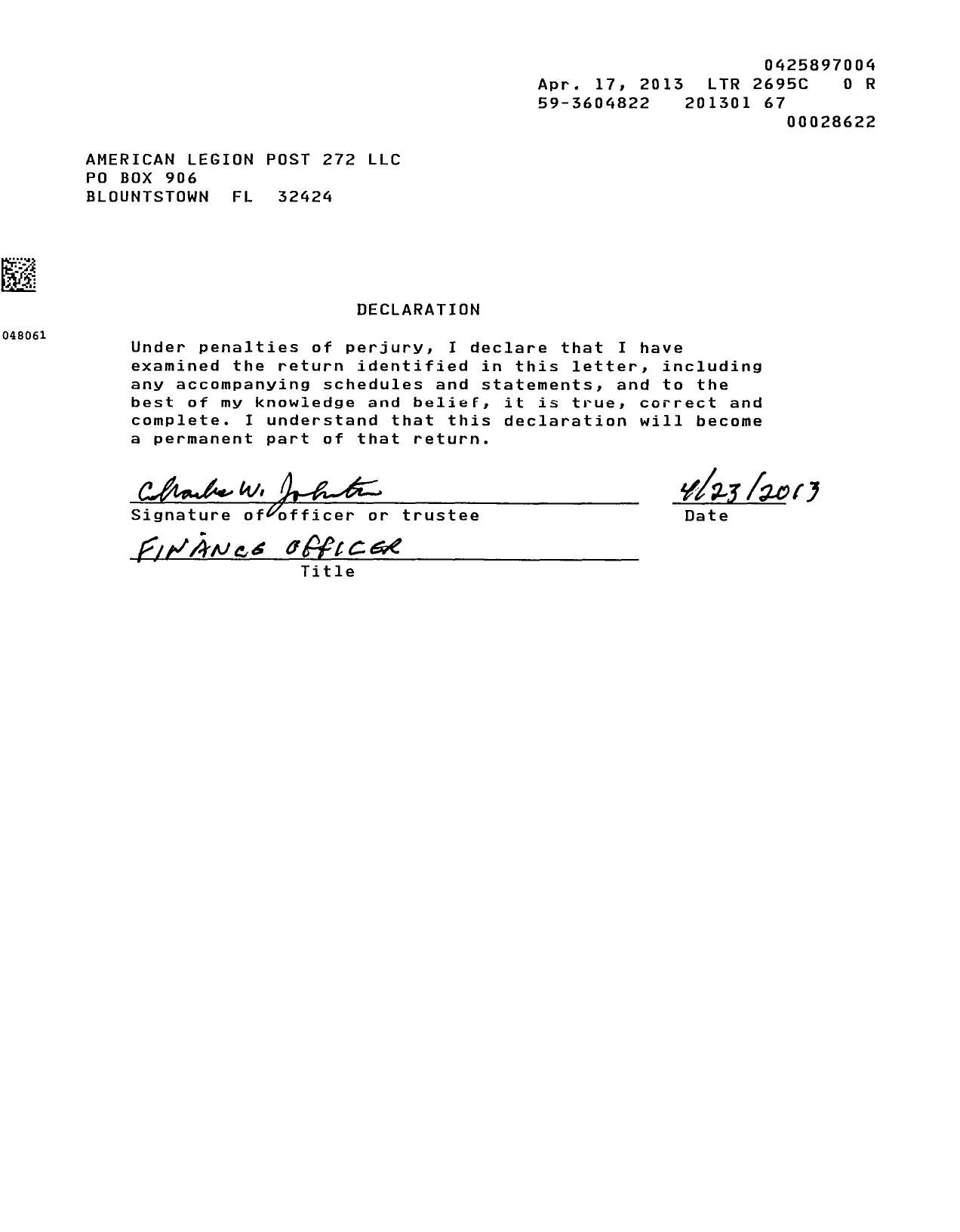 Image of first page of 2012 Form 990EOR for American Legion - 272 Post Calhoun County