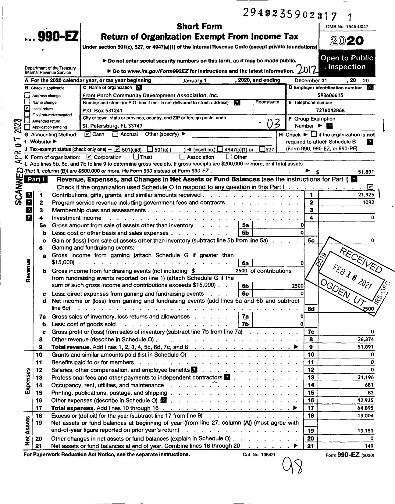 Image of first page of 2020 Form 990EZ for Front Porch Community Development Association