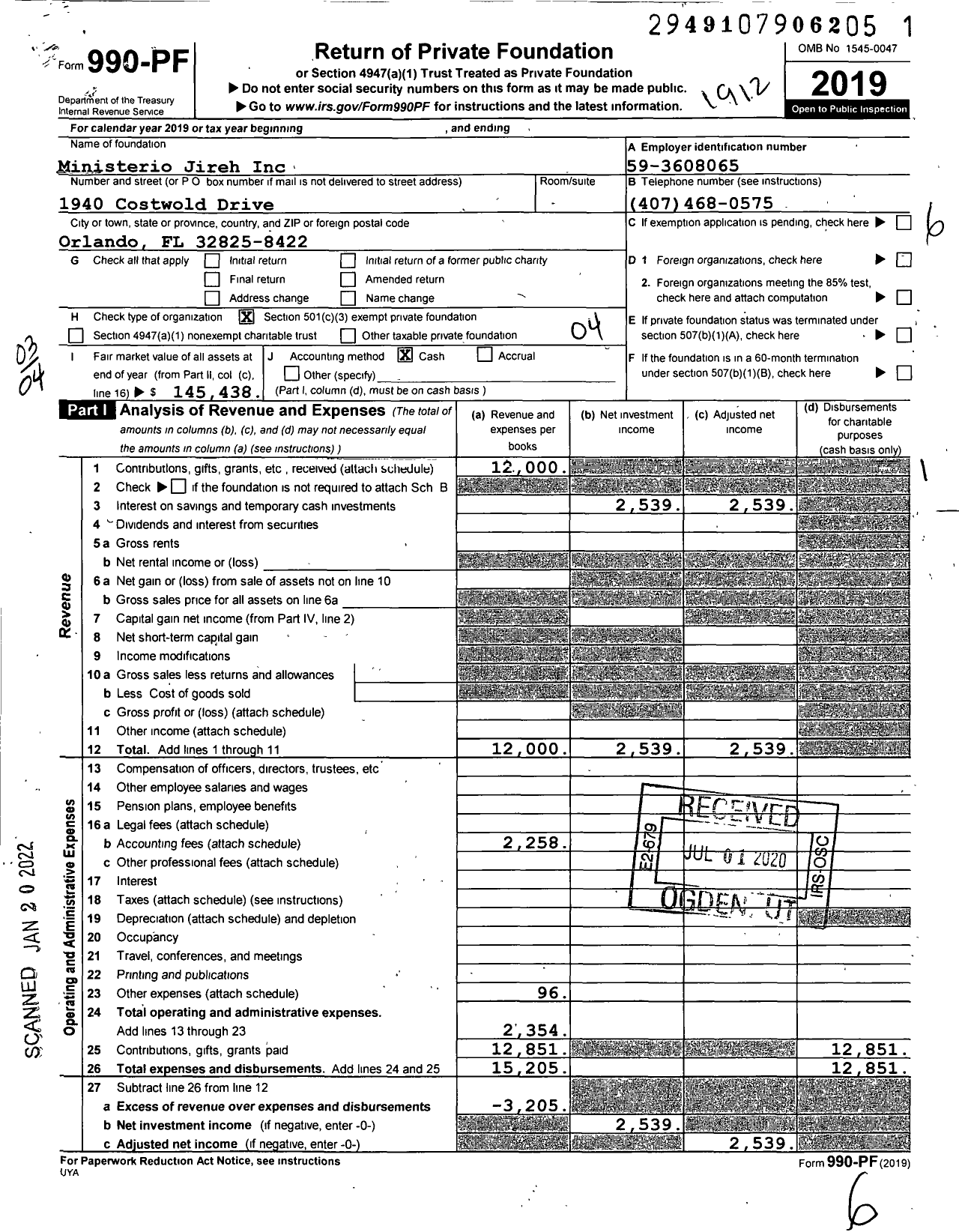 Image of first page of 2019 Form 990PF for Ministerio Jireh