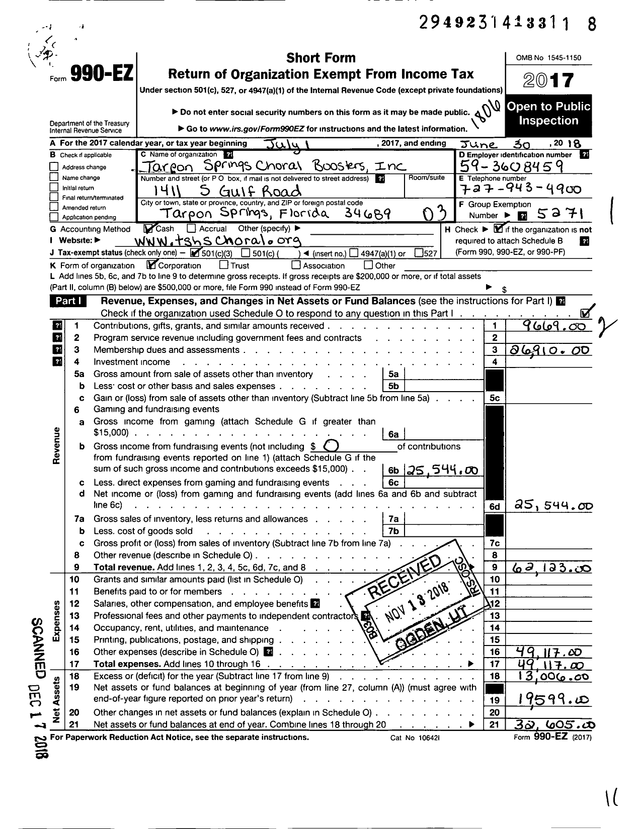 Image of first page of 2017 Form 990EZ for Parent Booster USA / Tarpon Springs Choral Booster Inc