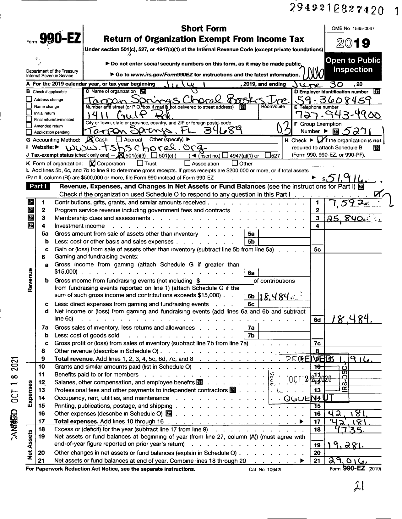 Image of first page of 2019 Form 990EZ for Parent Booster USA / Tarpon Springs Choral Booster Inc