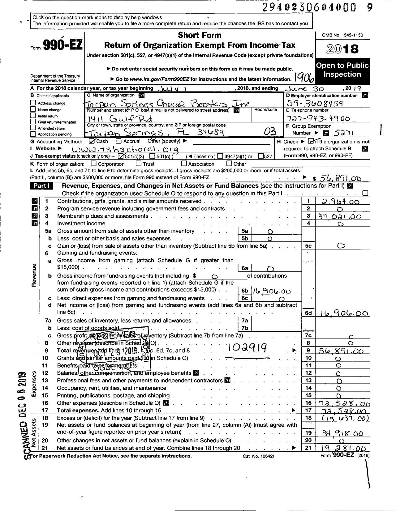 Image of first page of 2018 Form 990EZ for Parent Booster USA / Tarpon Springs Choral Booster Inc