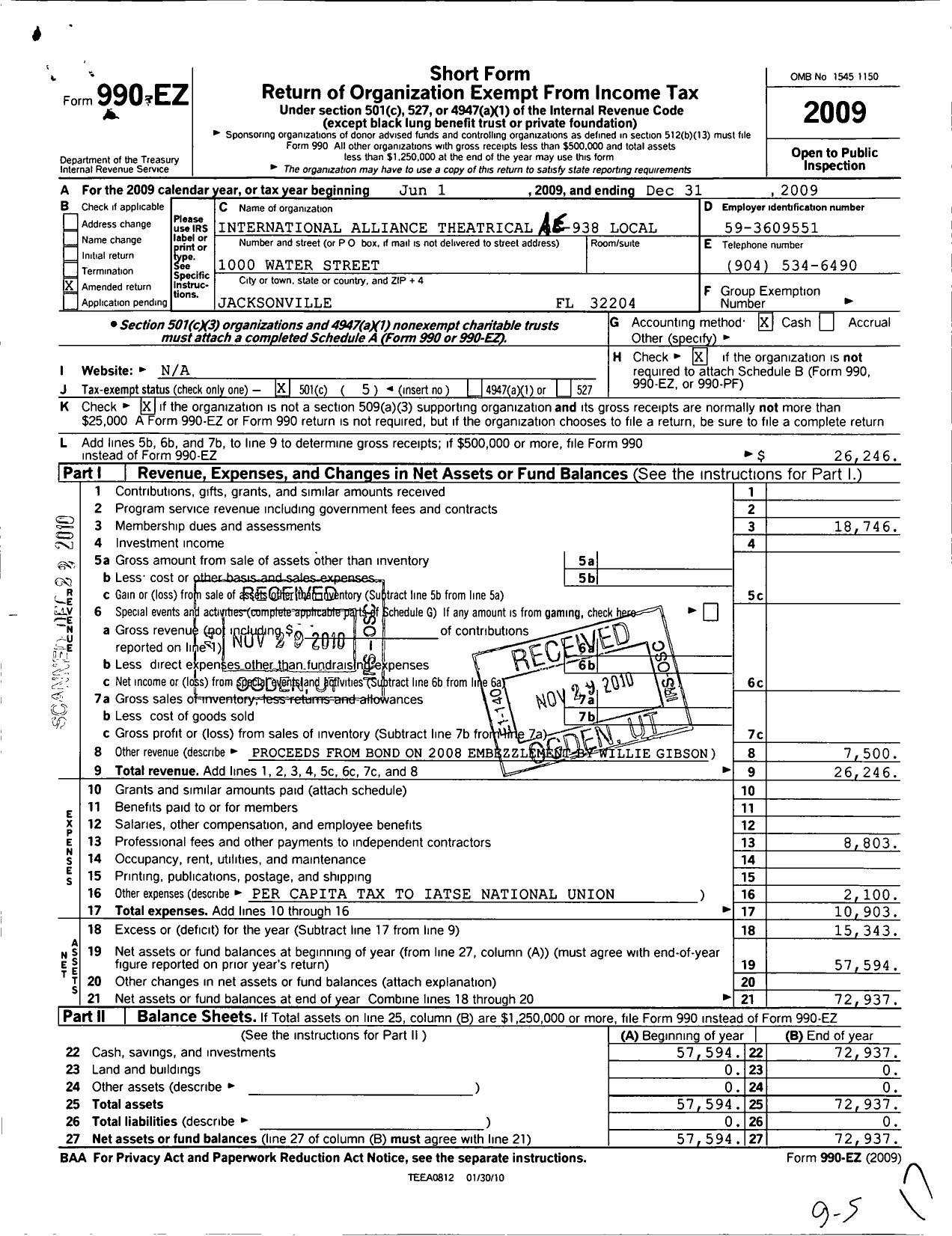 Image of first page of 2009 Form 990EO for International Alliance of Theatrical Stage Employees - Ae-938