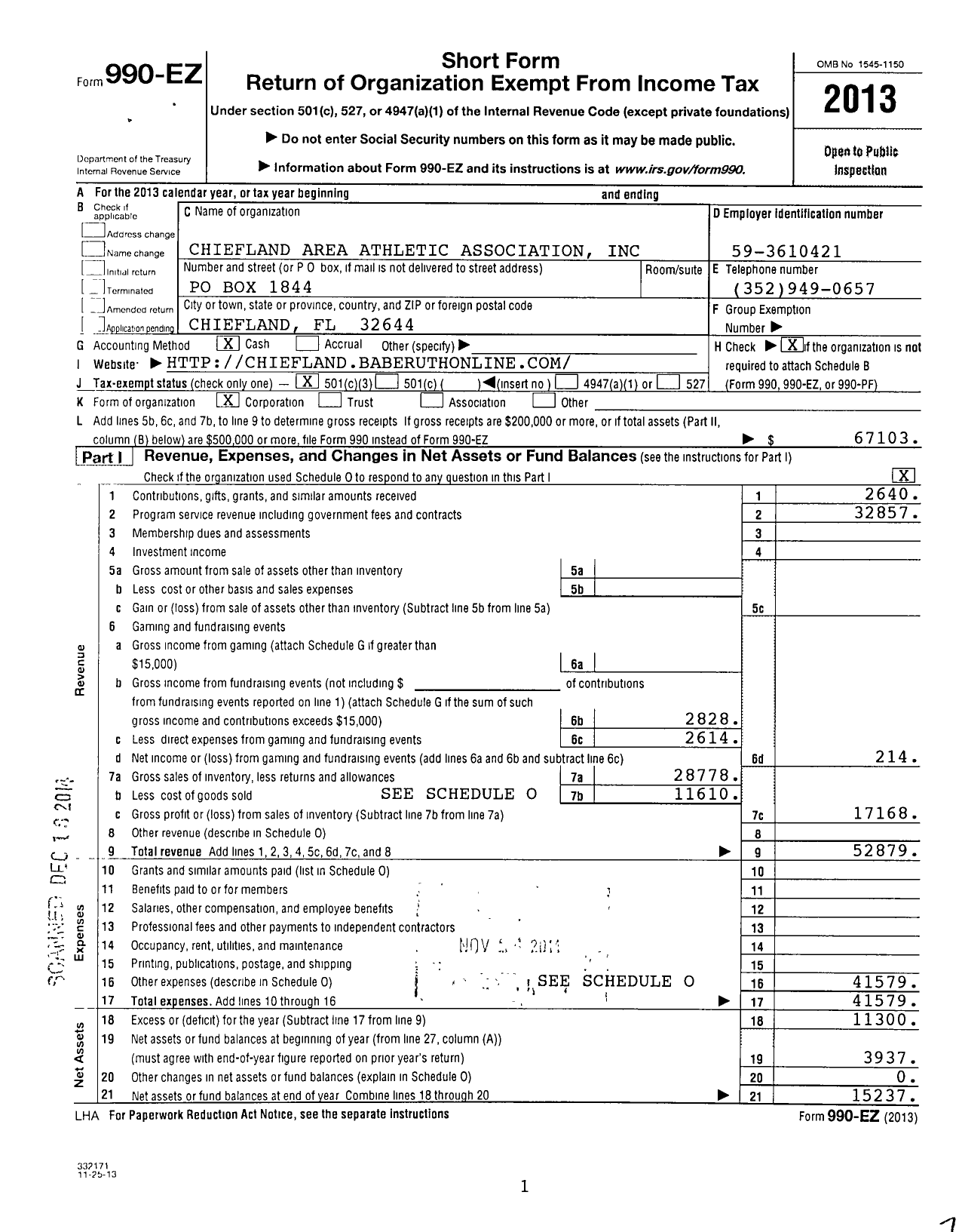 Image of first page of 2013 Form 990EZ for Chiefland Area Athletic Association