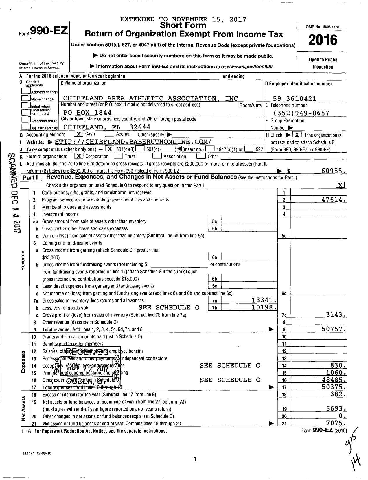 Image of first page of 2016 Form 990EZ for Chiefland Area Athletic Association