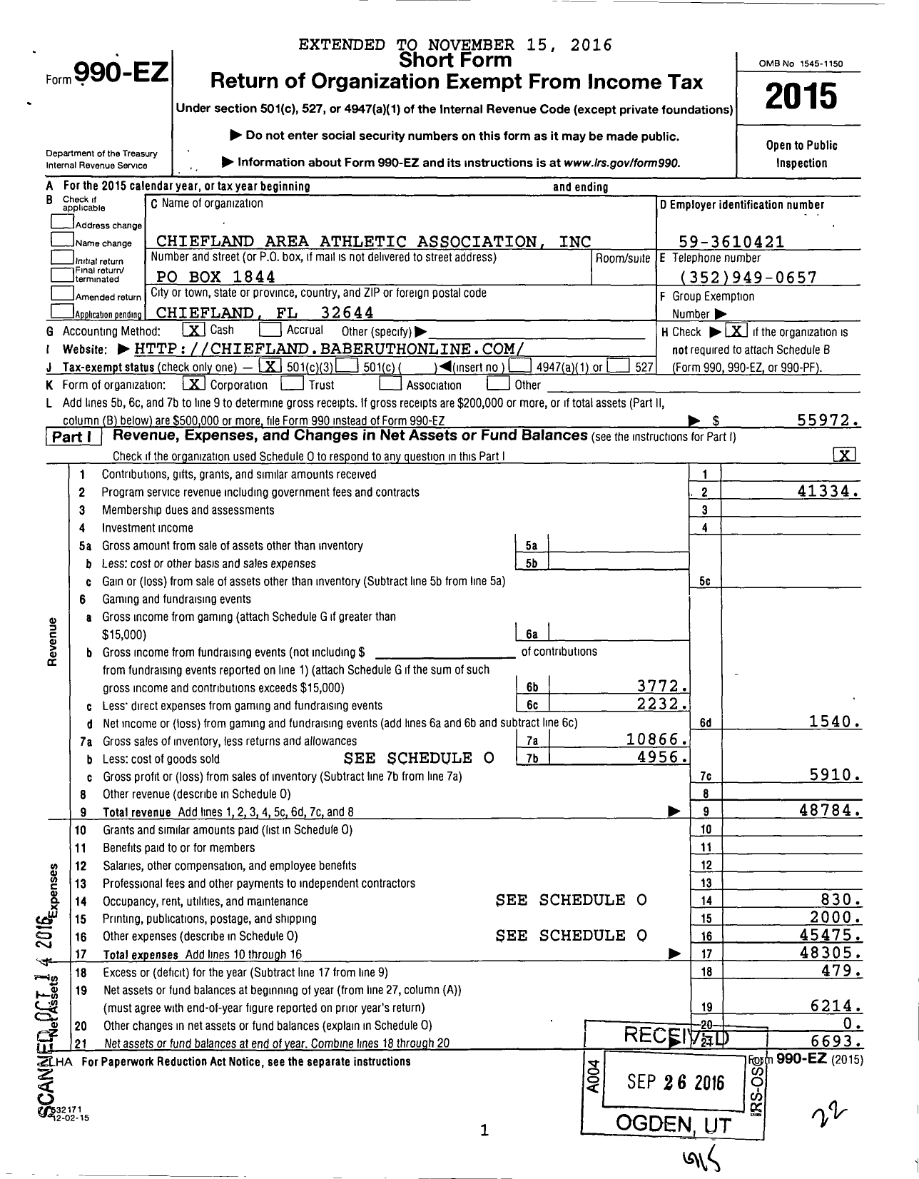 Image of first page of 2015 Form 990EZ for Chiefland Area Athletic Association