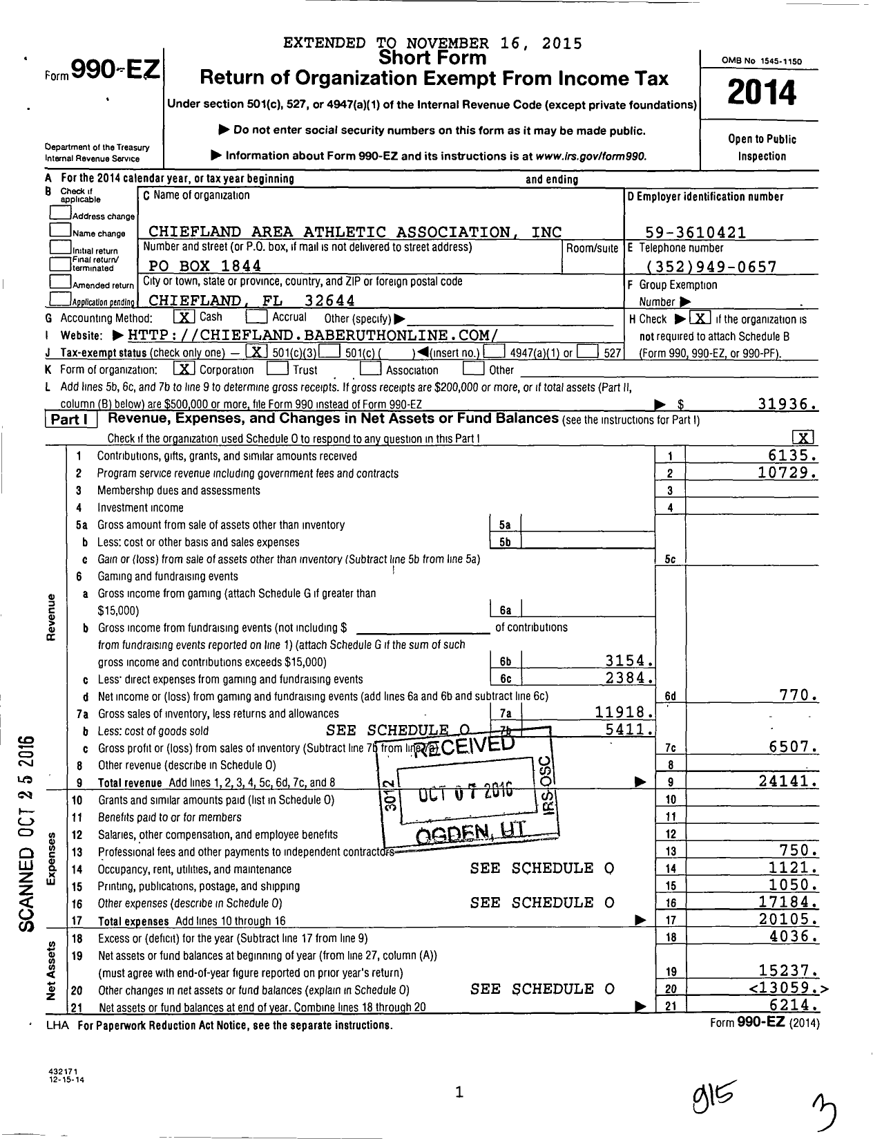 Image of first page of 2014 Form 990EZ for Chiefland Area Athletic Association