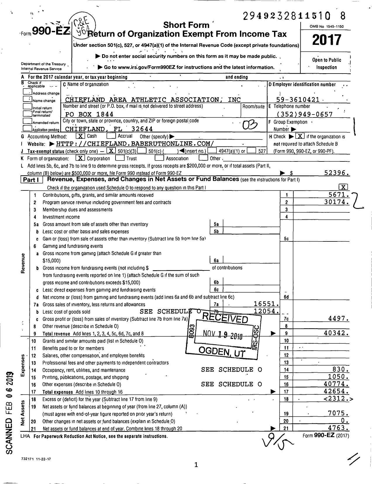 Image of first page of 2017 Form 990EZ for Chiefland Area Athletic Association