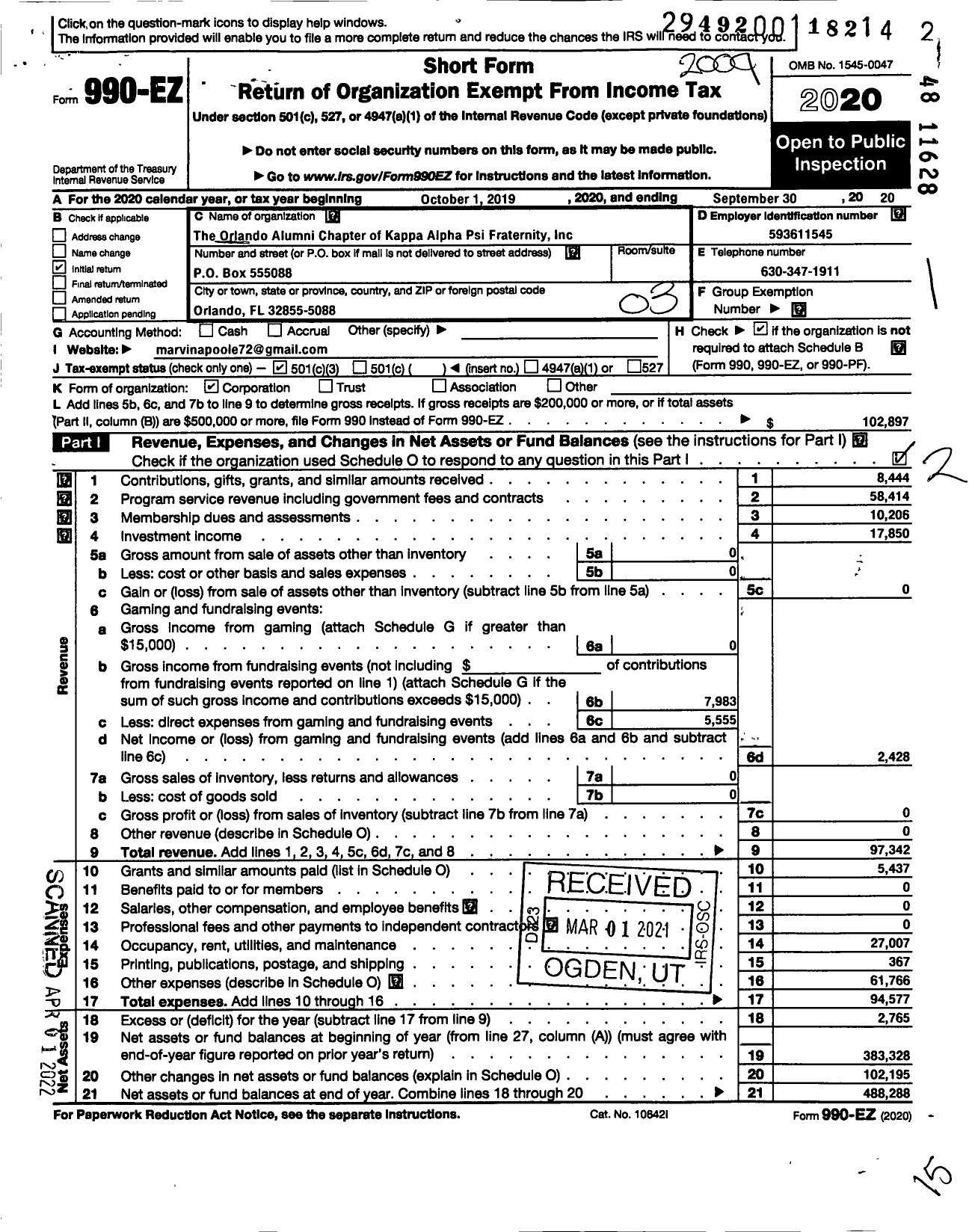 Image of first page of 2019 Form 990EZ for Orlando Alumni Chapter of Kappa Alpha Psi Fraternity