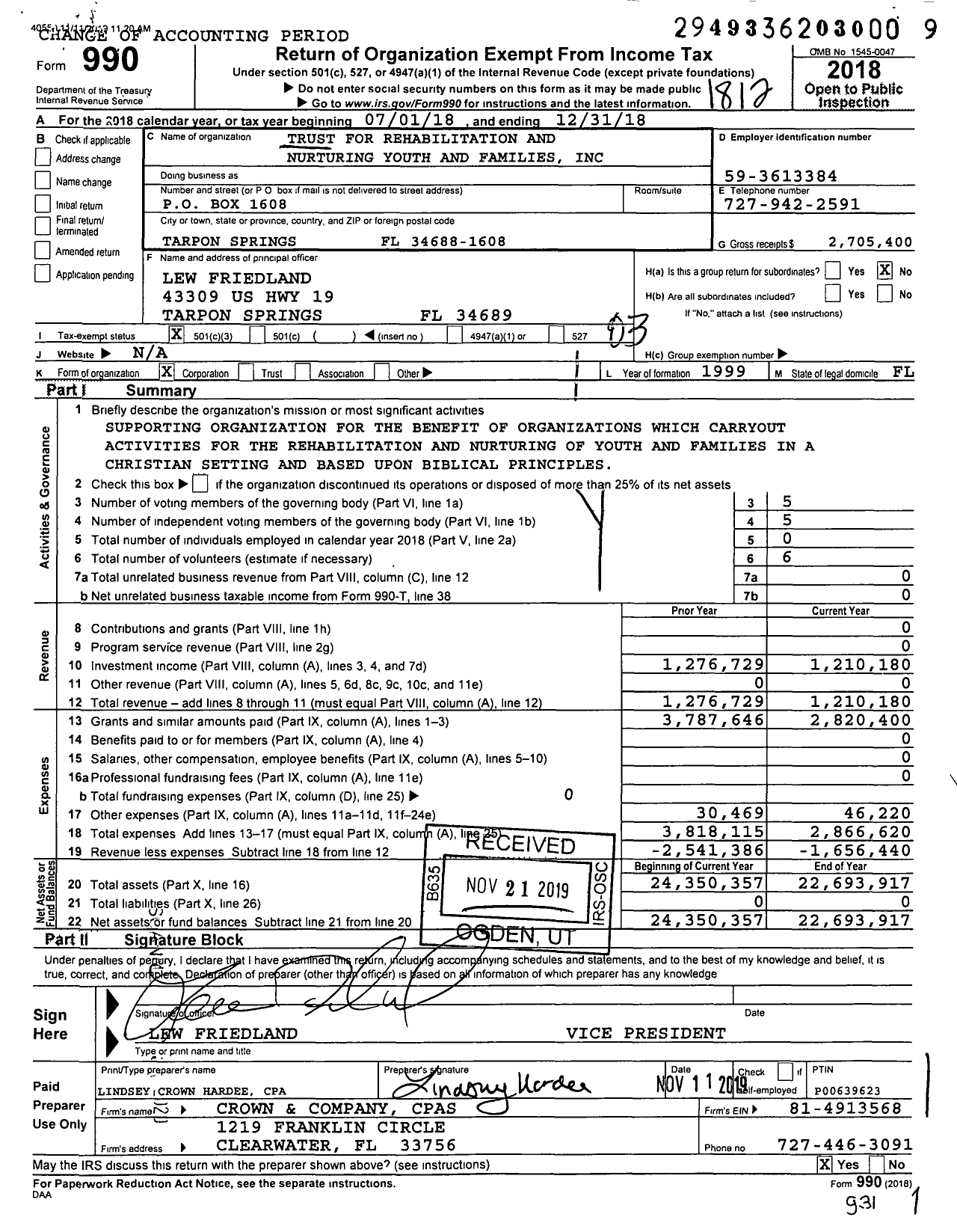 Image of first page of 2018 Form 990 for Trust for Rehabilitation and Nurturing Youth and Families