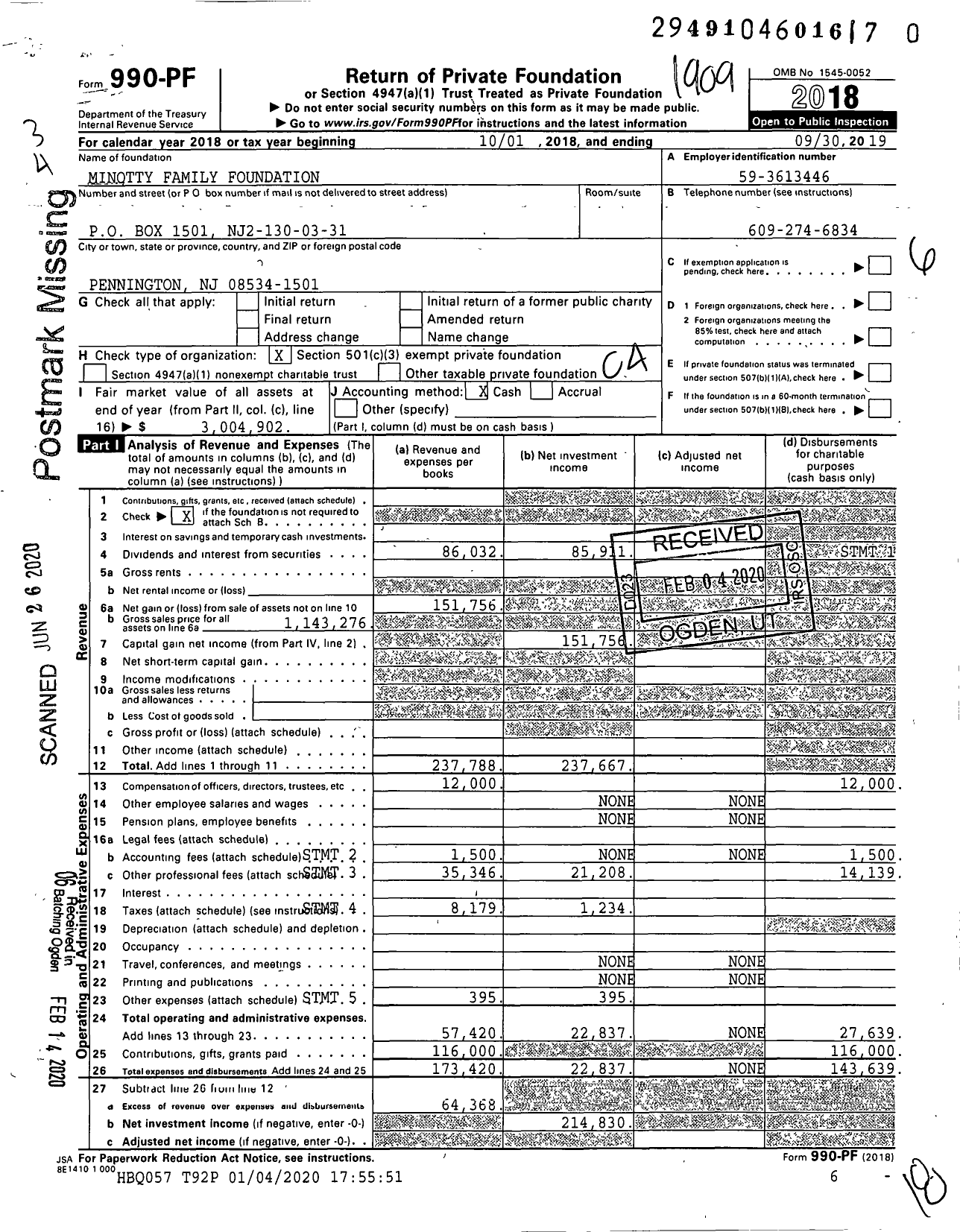 Image of first page of 2018 Form 990PR for Minotty Family Foundation