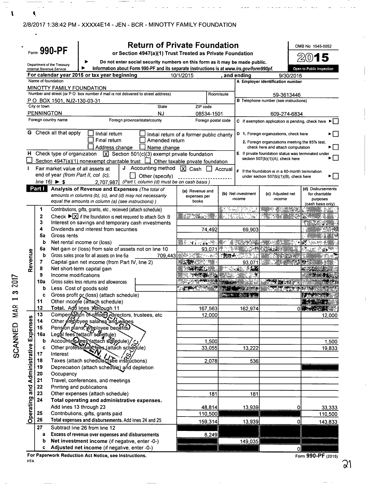 Image of first page of 2015 Form 990PF for Minotty Family Foundation