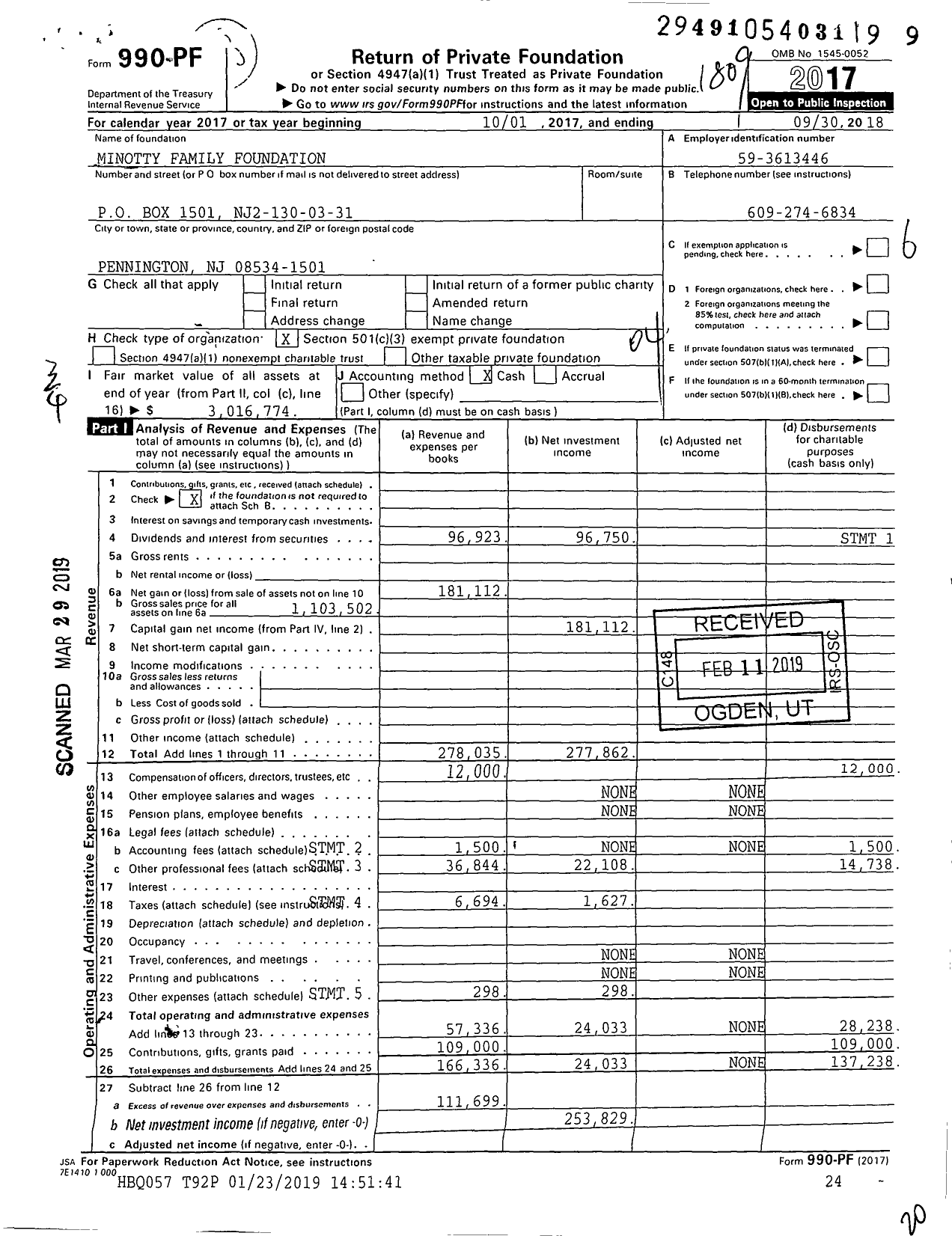 Image of first page of 2017 Form 990PF for Minotty Family Foundation
