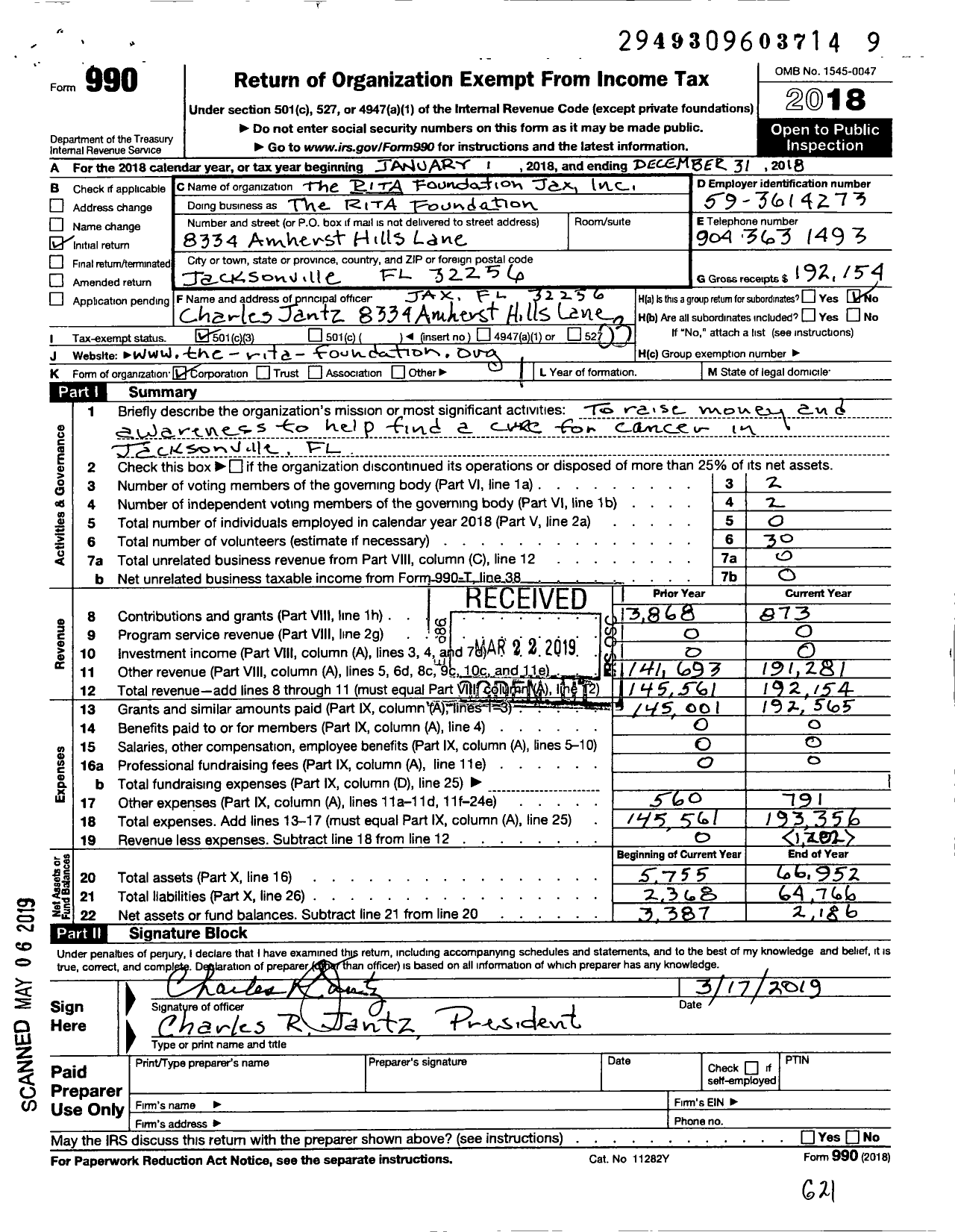 Image of first page of 2018 Form 990 for The RITA Foundation