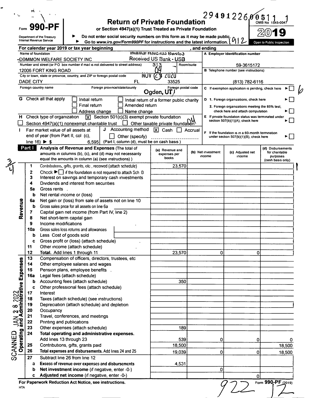 Image of first page of 2019 Form 990PF for Common Welfare Society