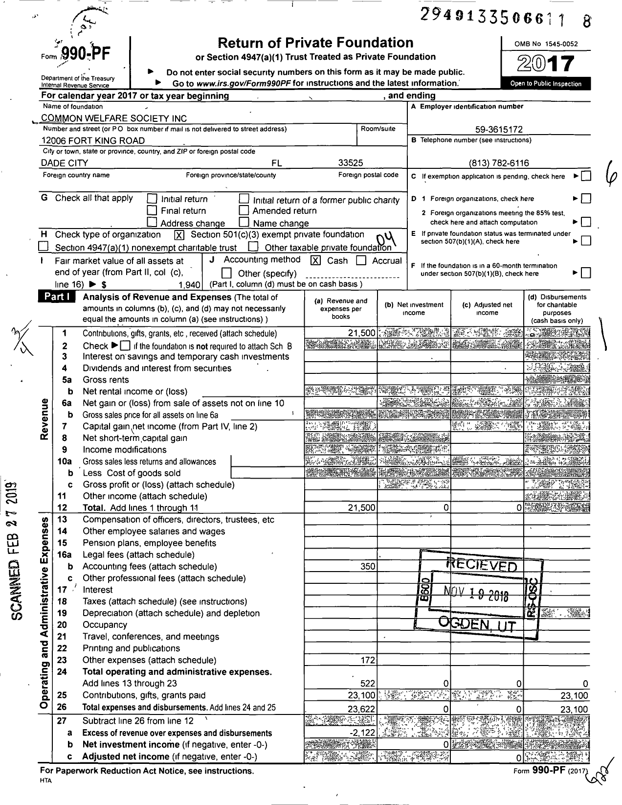 Image of first page of 2017 Form 990PF for Common Welfare Society