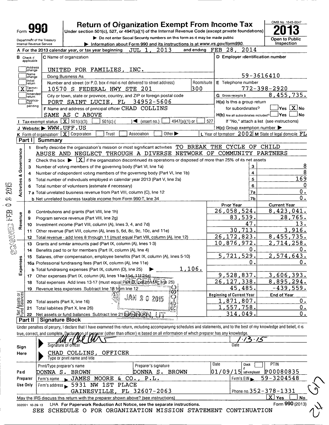 Image of first page of 2013 Form 990 for United for Families