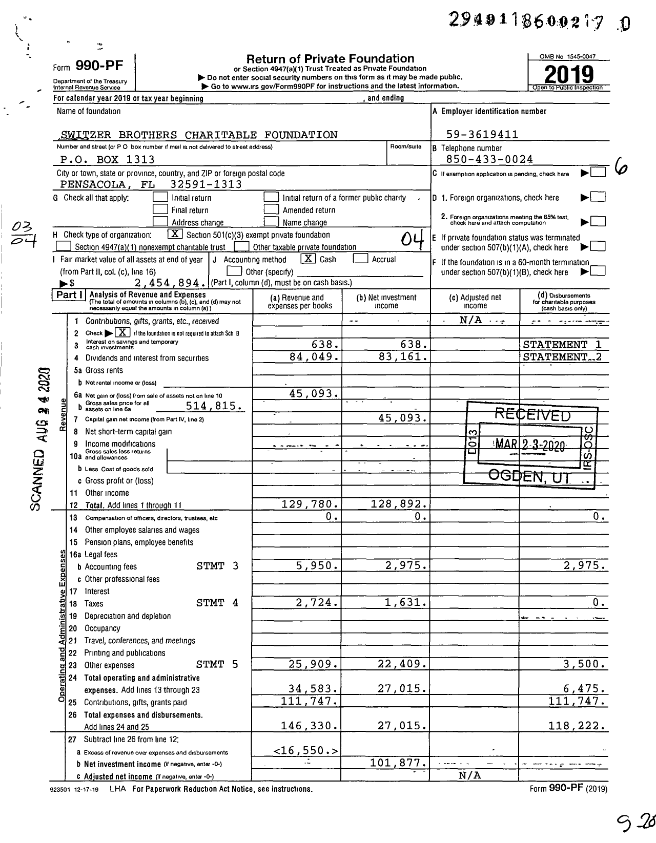 Image of first page of 2019 Form 990PR for Switzer Brothers Charitable Foundation