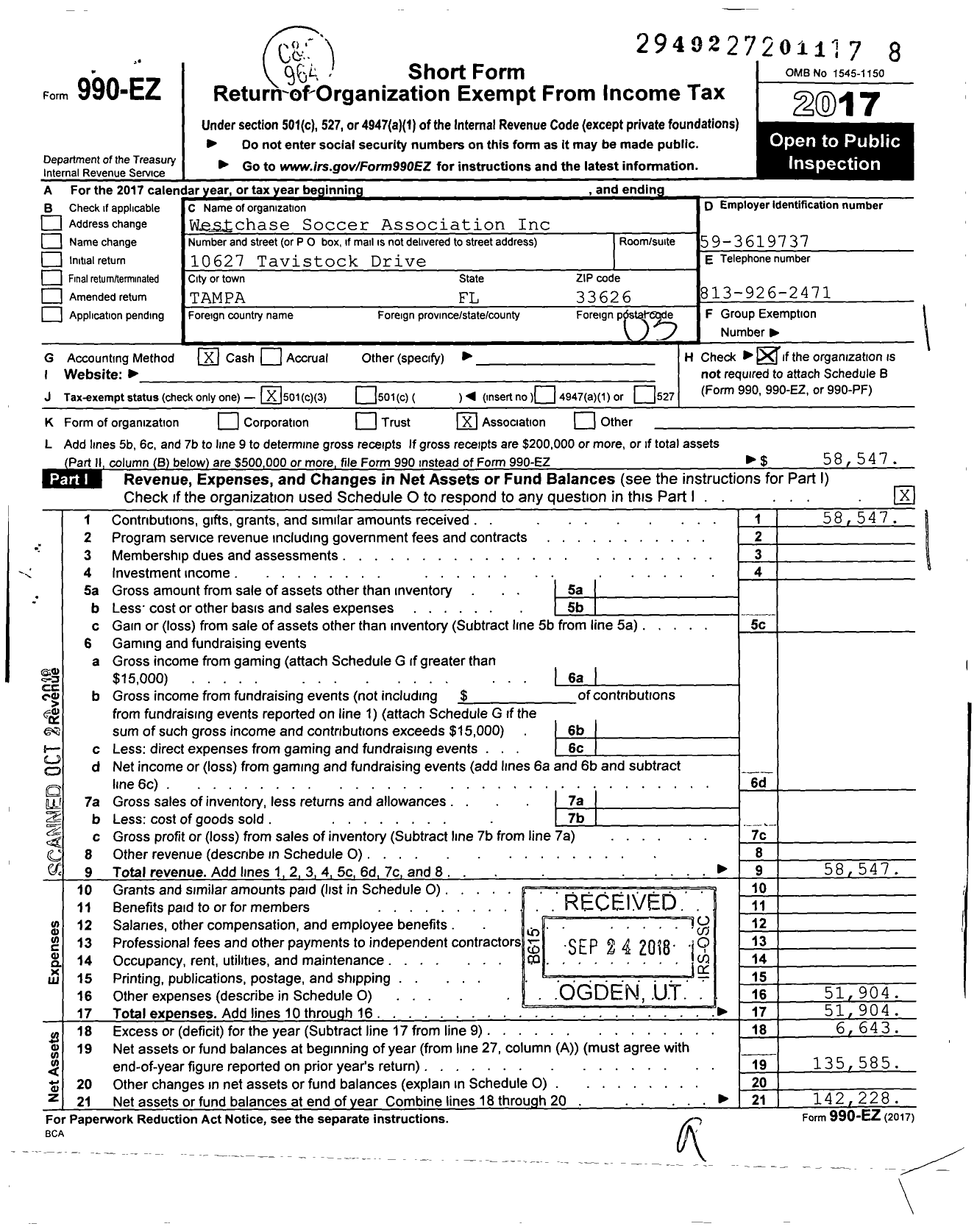 Image of first page of 2017 Form 990EZ for Westchase Soccer Association