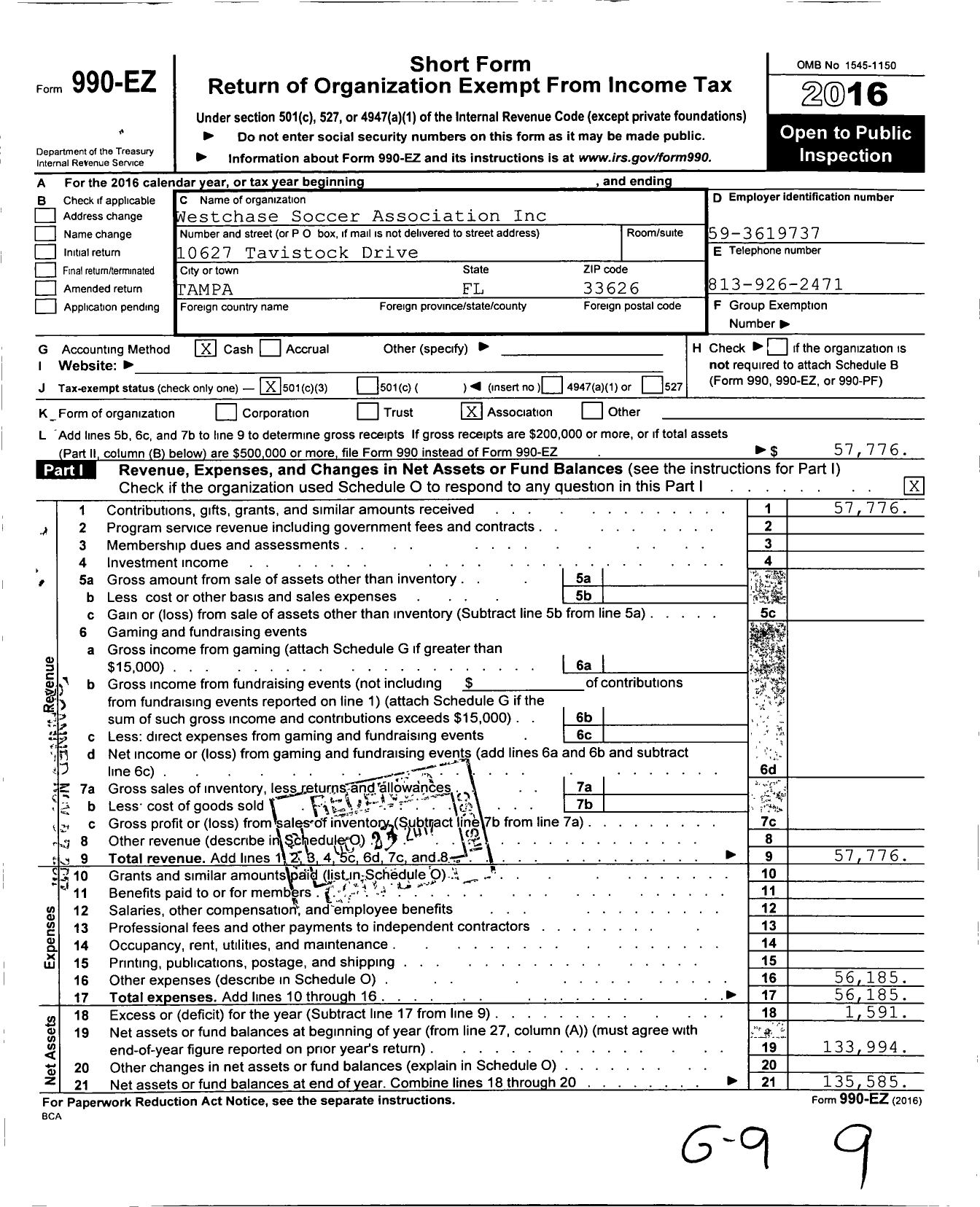 Image of first page of 2016 Form 990EZ for Westchase Soccer Association