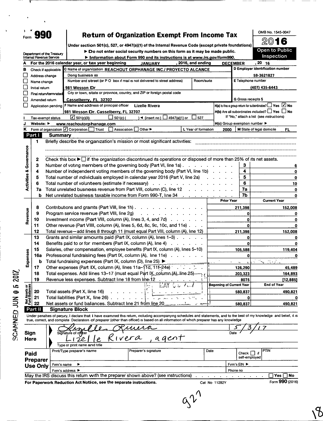 Image of first page of 2016 Form 990 for Reach Out Orphanage