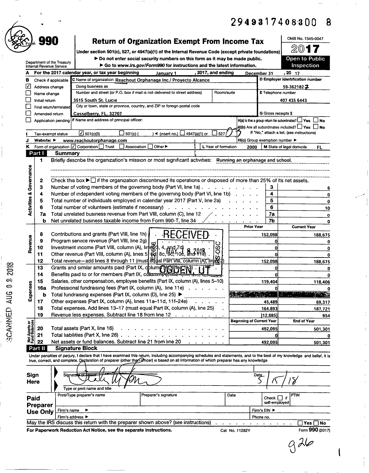 Image of first page of 2017 Form 990 for Reach Out Orphanage