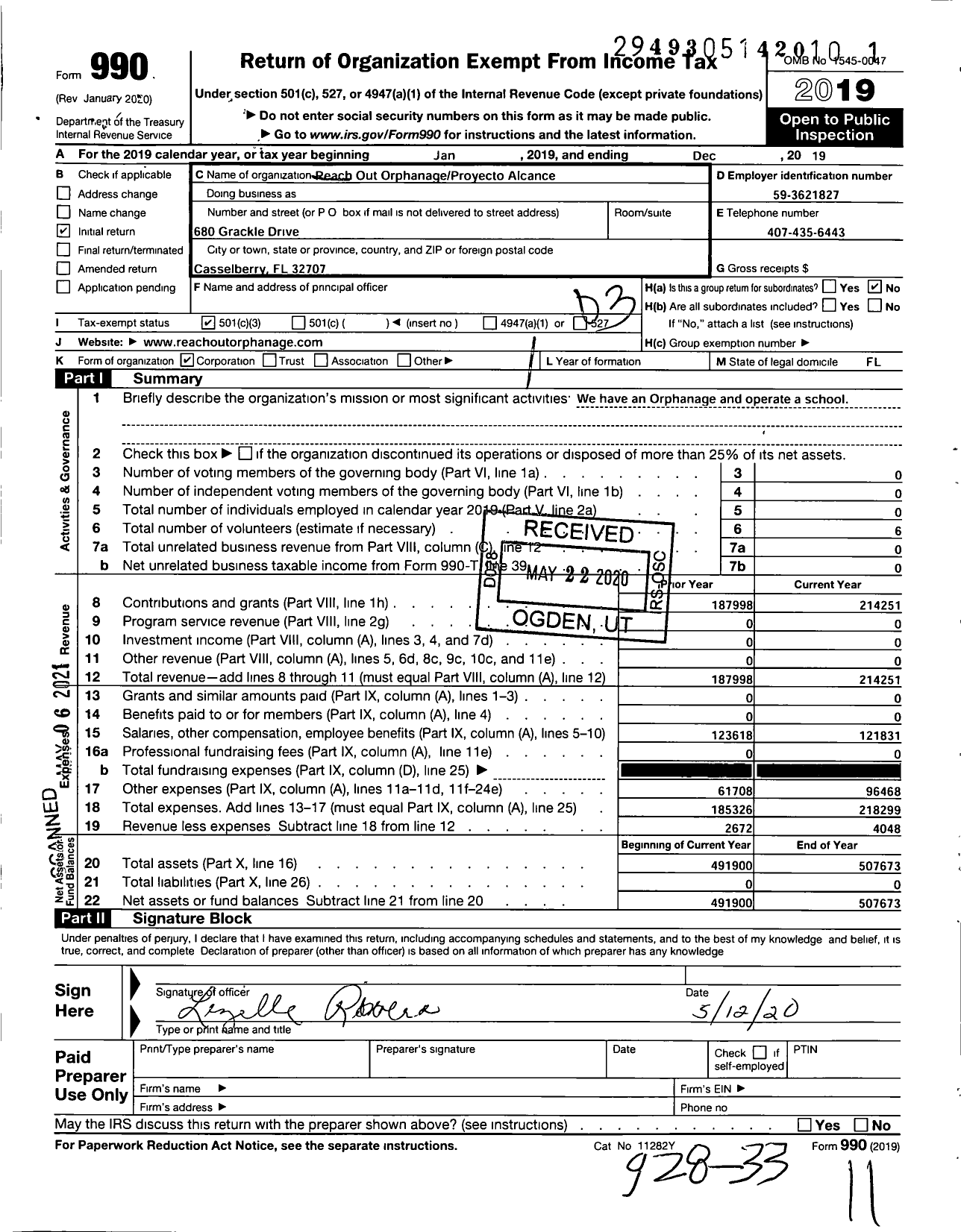 Image of first page of 2019 Form 990 for Reach Out Orphanage