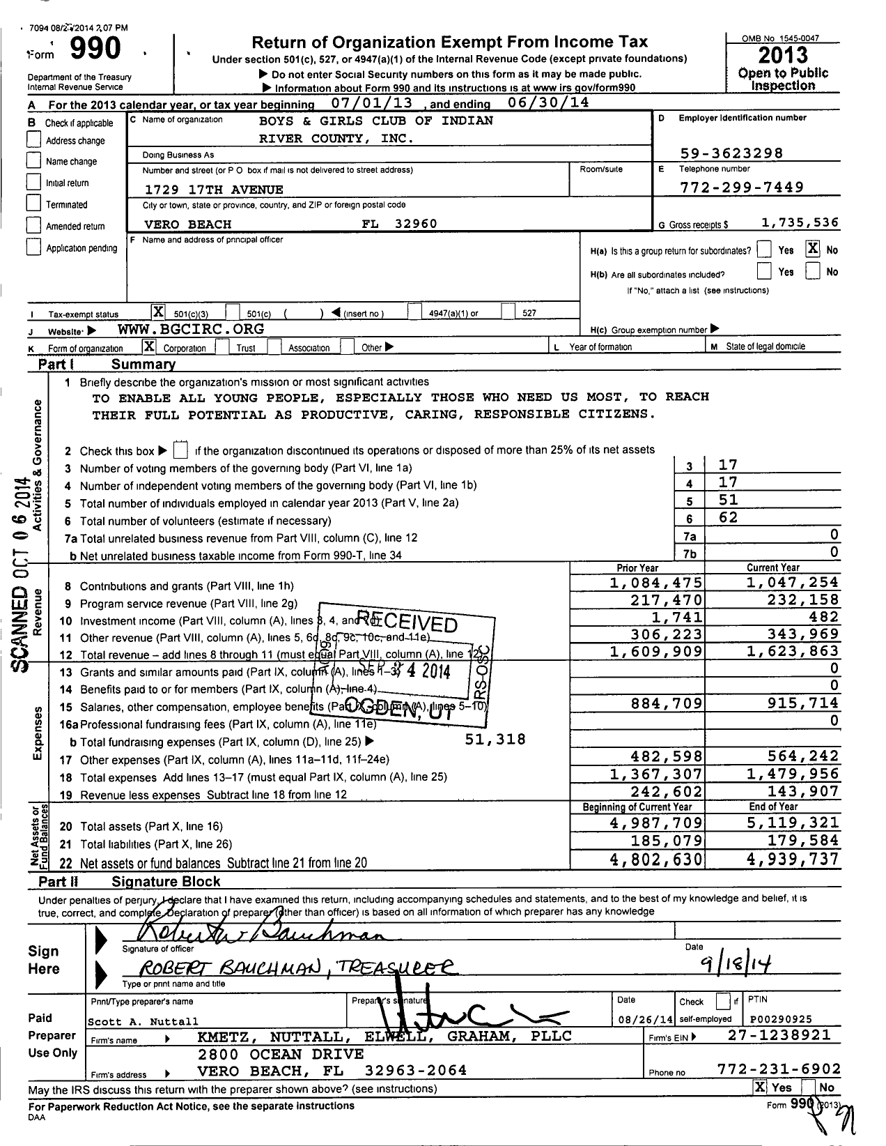 Image of first page of 2013 Form 990 for Boys and Girls Club of Indian River County