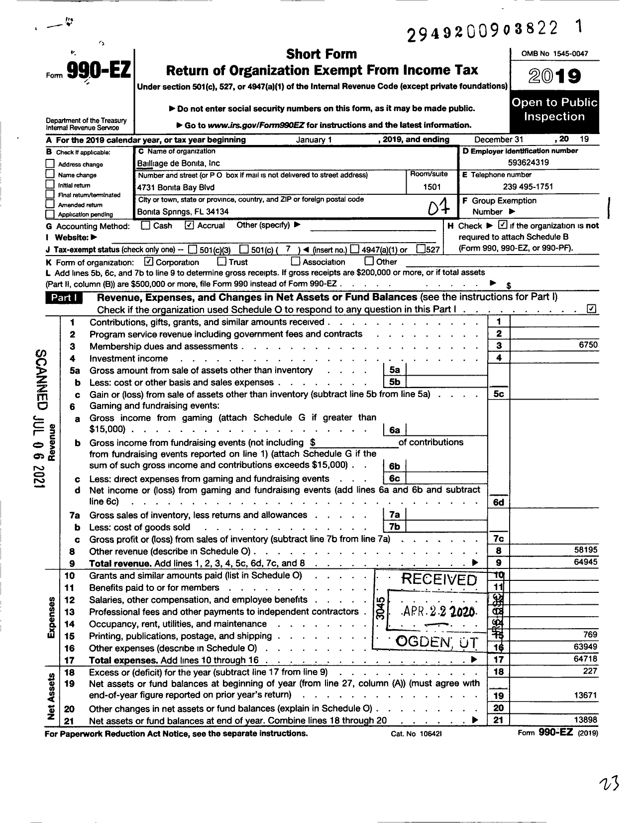 Image of first page of 2019 Form 990EO for Confrerie de La Chaine Des Rotisseurs / Bailliage de Bonita Inc