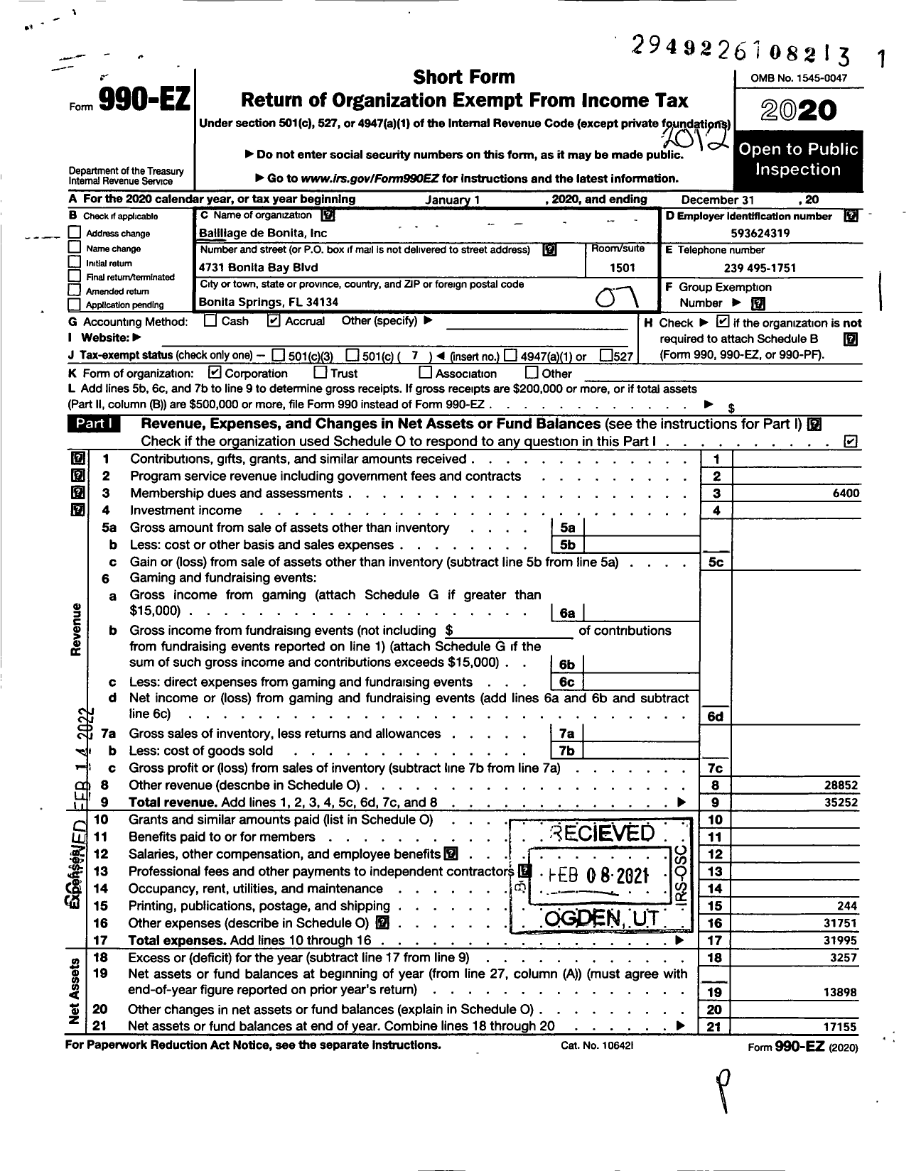 Image of first page of 2020 Form 990EO for Confrerie de La Chaine Des Rotisseurs / Bailliage de Bonita Inc